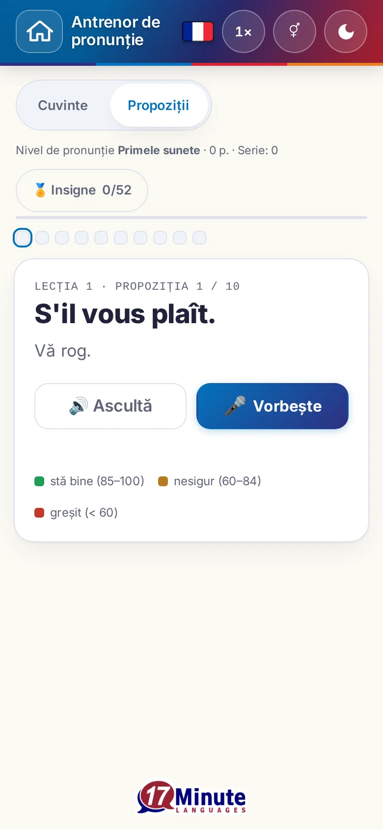 Telefon: un exercițiu de pronunție pornit, cu propoziția-țintă și legenda evaluării.