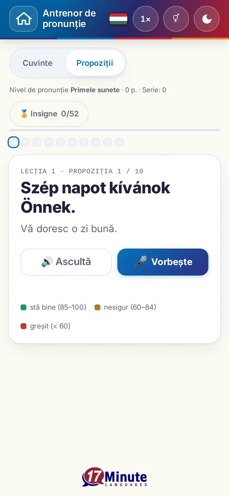 Telefon: un exercițiu de pronunție pornit, cu propoziția-țintă și legenda evaluării.