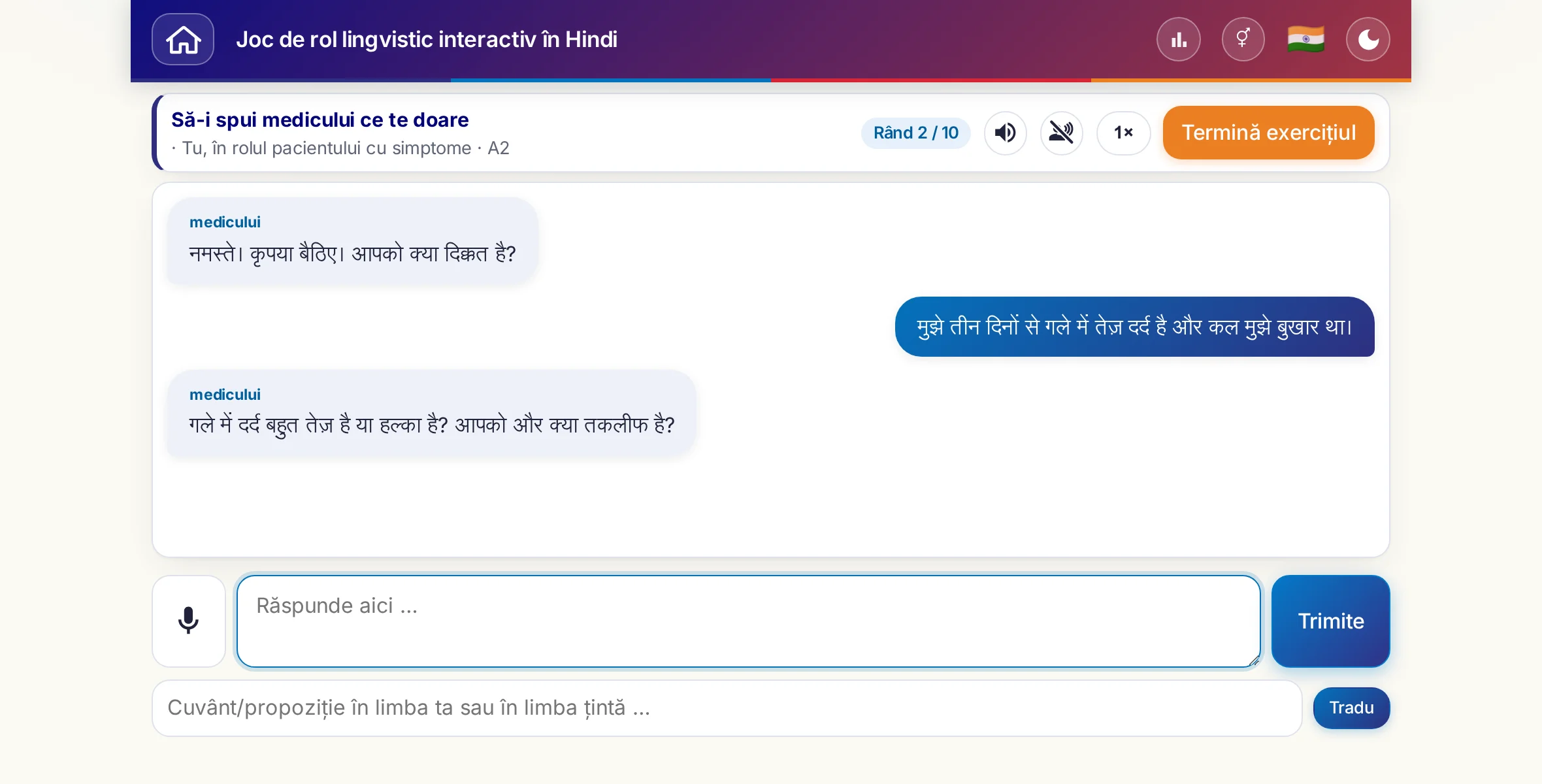Un joc de rol în plină conversație: medicul întreabă despre intensitatea durerii, despre febră și despre cum a decurs ziua, cursantul răspunde liber și cere la final o rețetă.