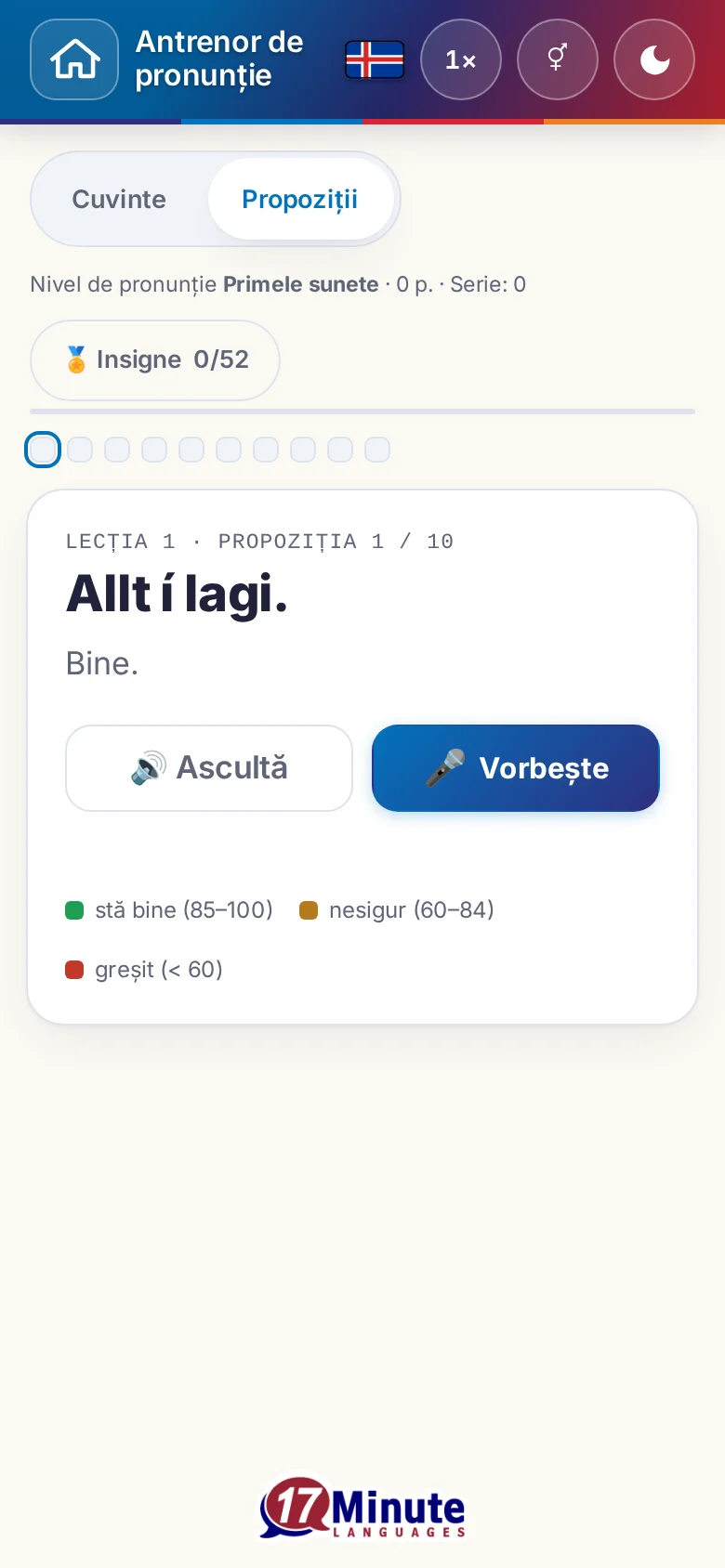 Telefon: un exercițiu de pronunție pornit, cu propoziția-țintă și legenda evaluării.