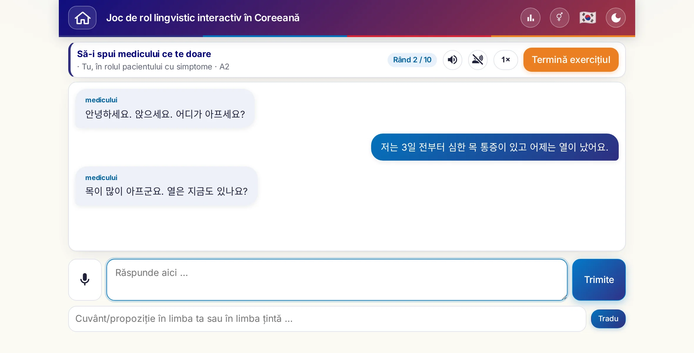 Un joc de rol în plină conversație: medicul întreabă despre intensitatea durerii, despre febră și despre cum a decurs ziua, cursantul răspunde liber și cere la final o rețetă.