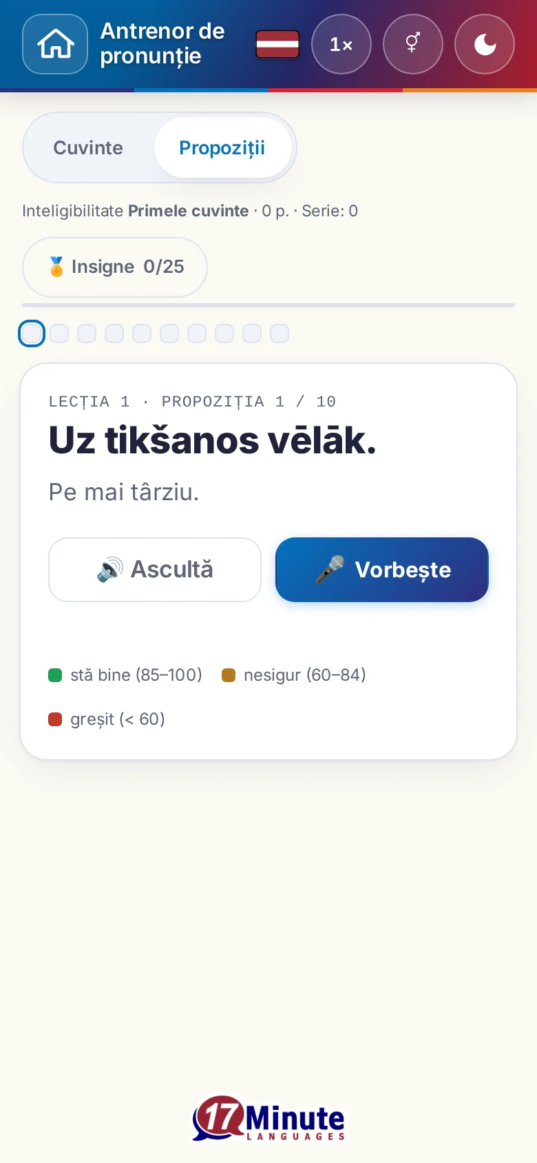 Telefon: un exercițiu de pronunție pornit, cu propoziția-țintă și legenda evaluării.