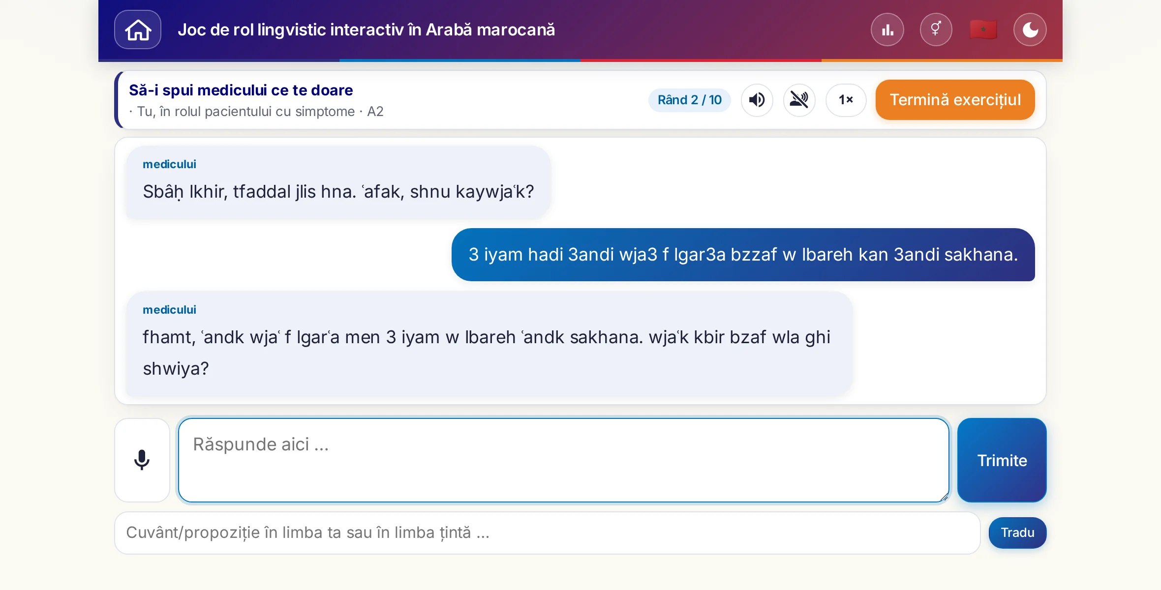 Un joc de rol în plină conversație: medicul întreabă despre intensitatea durerii, despre febră și despre cum a decurs ziua, cursantul răspunde liber și cere la final o rețetă.