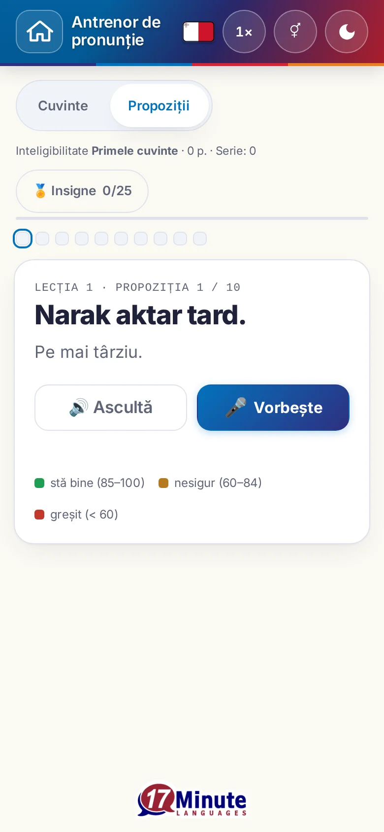 Telefon: un exercițiu de pronunție pornit, cu propoziția-țintă și legenda evaluării.