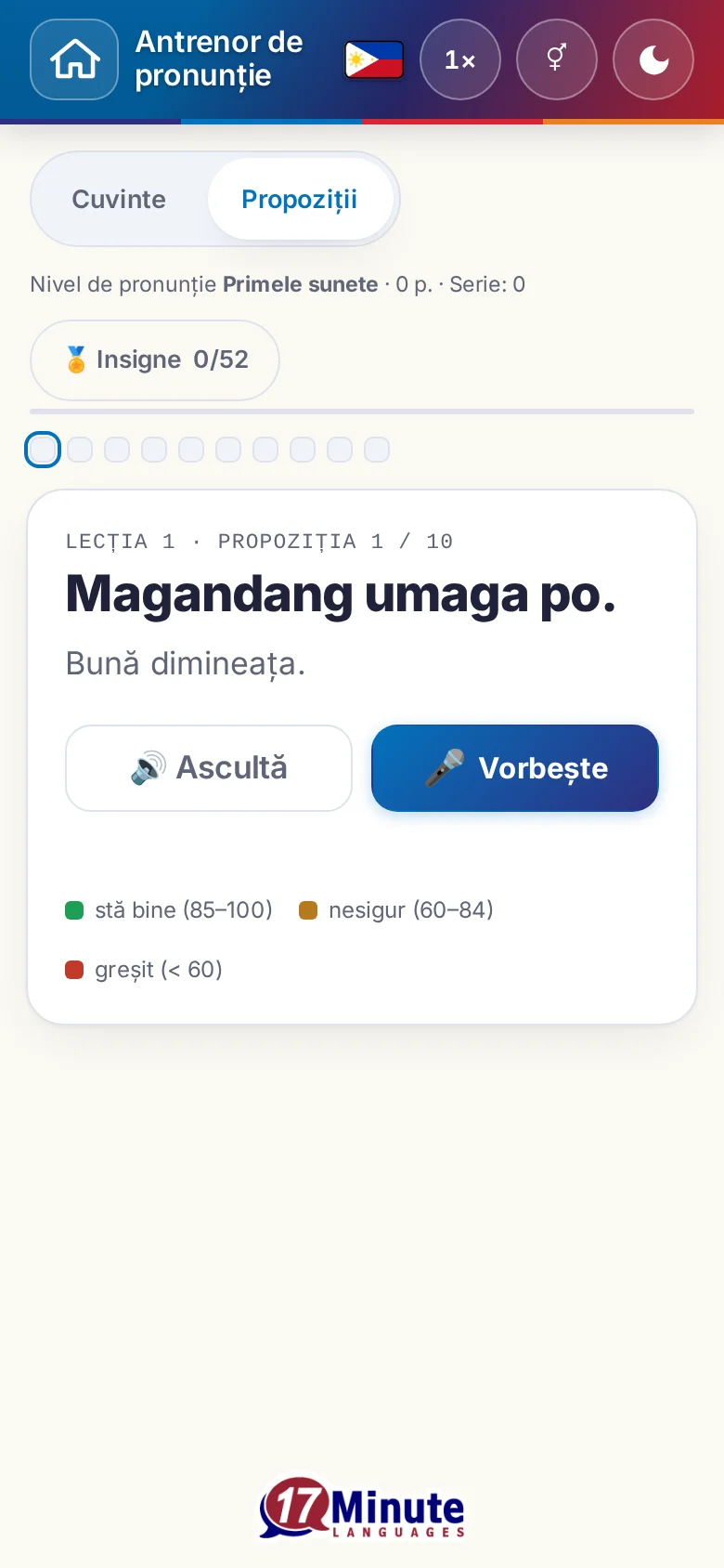 Telefon: un exercițiu de pronunție pornit, cu propoziția-țintă și legenda evaluării.