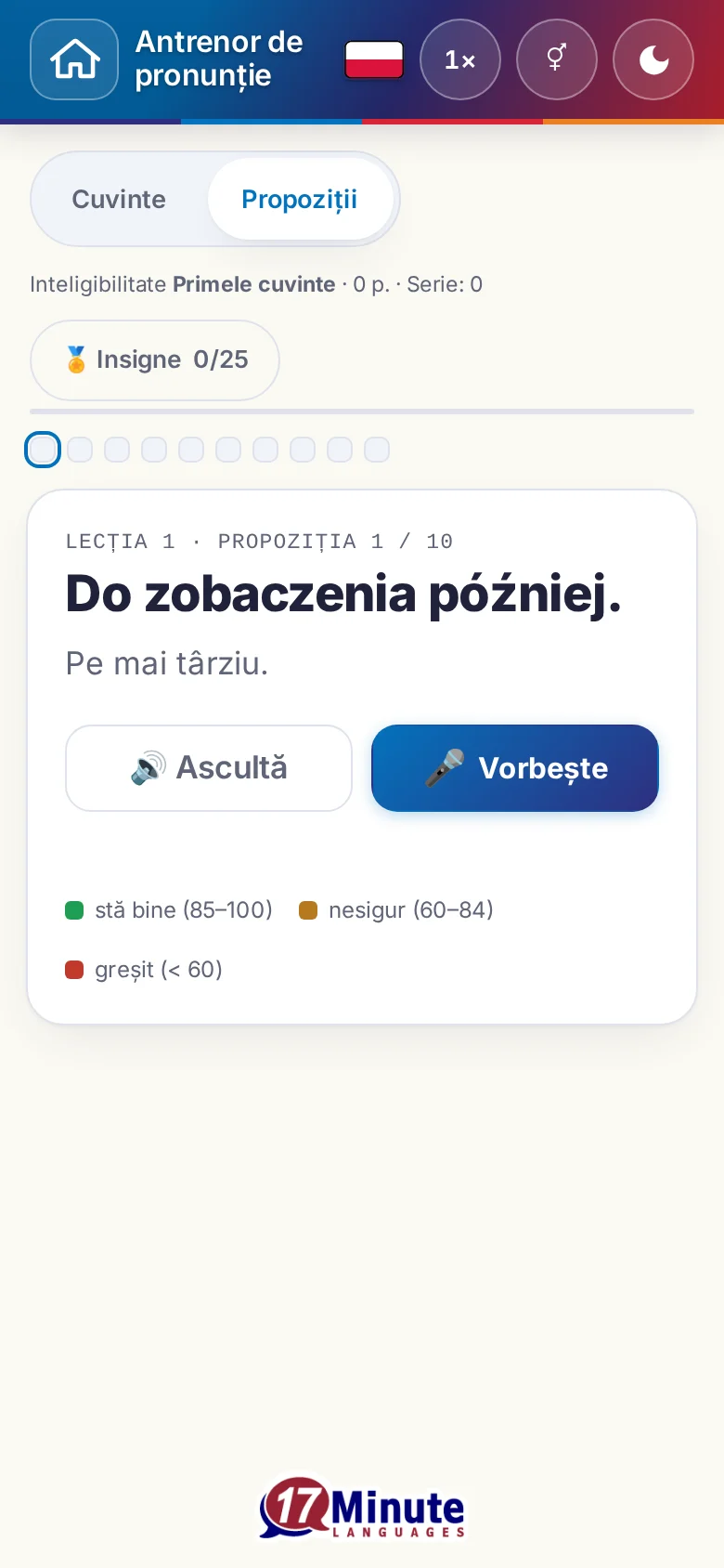 Telefon: un exercițiu de pronunție pornit, cu propoziția-țintă și legenda evaluării.