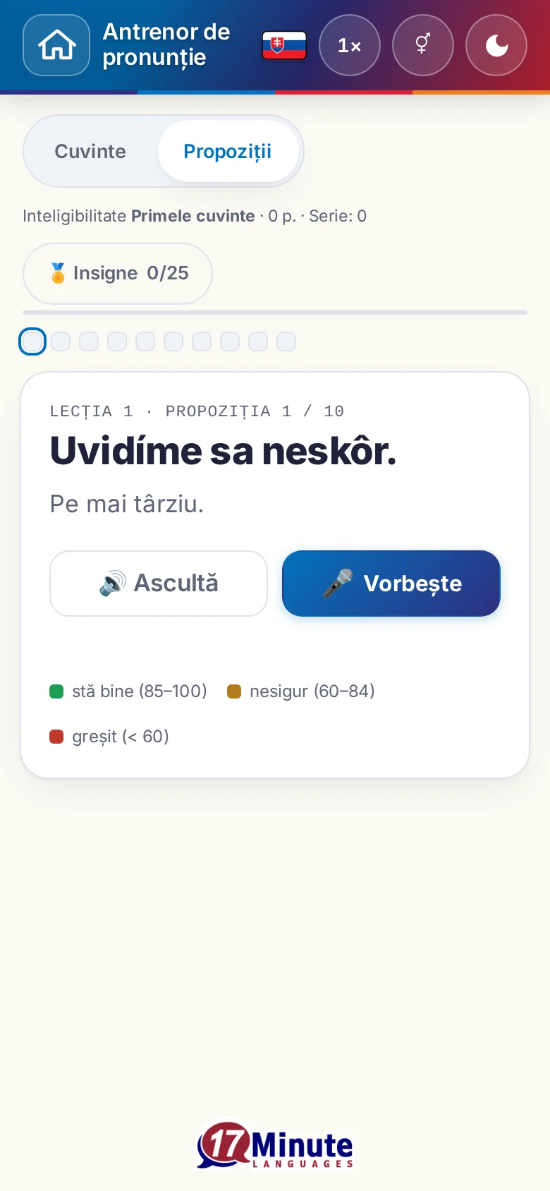 Telefon: un exercițiu de pronunție pornit, cu propoziția-țintă și legenda evaluării.