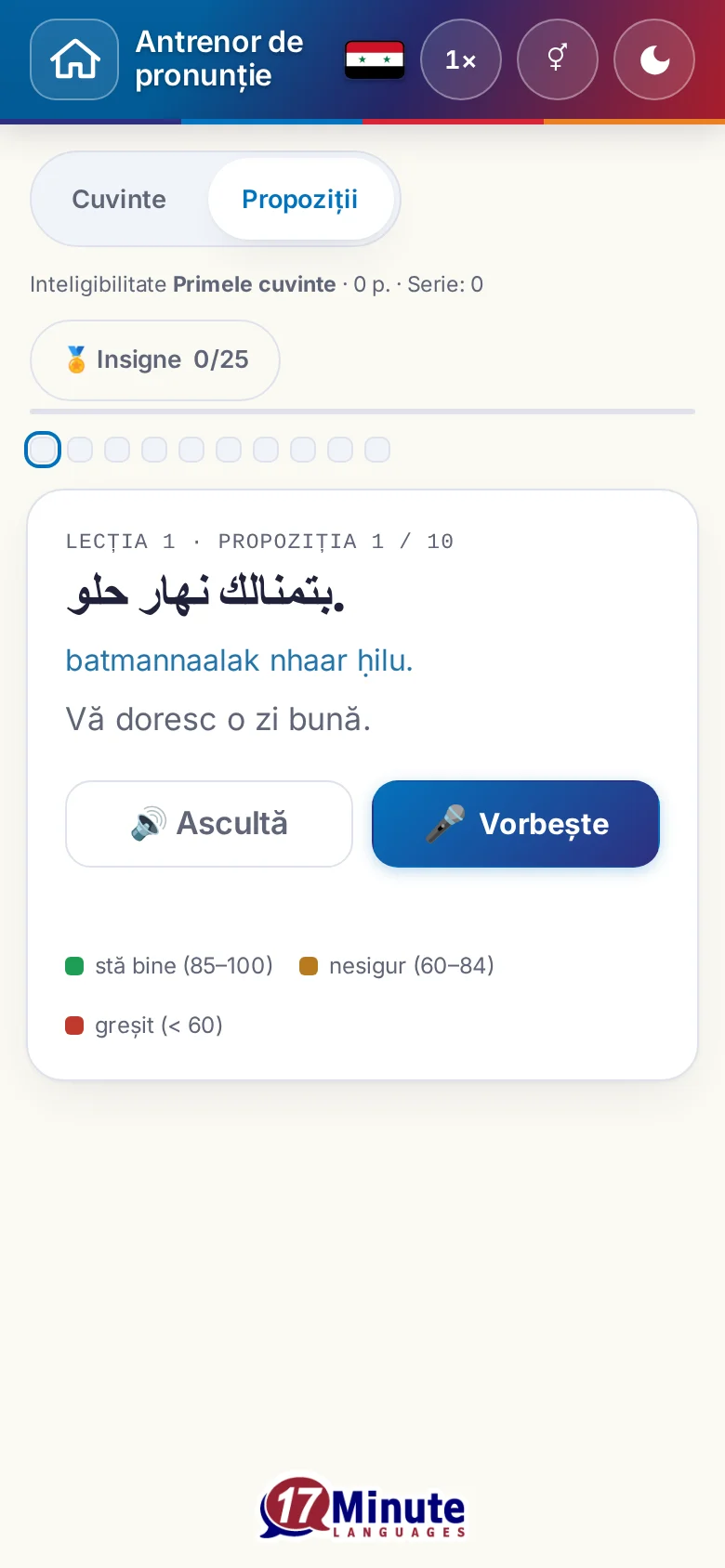 Telefon: un exercițiu de pronunție pornit, cu propoziția-țintă și legenda evaluării.