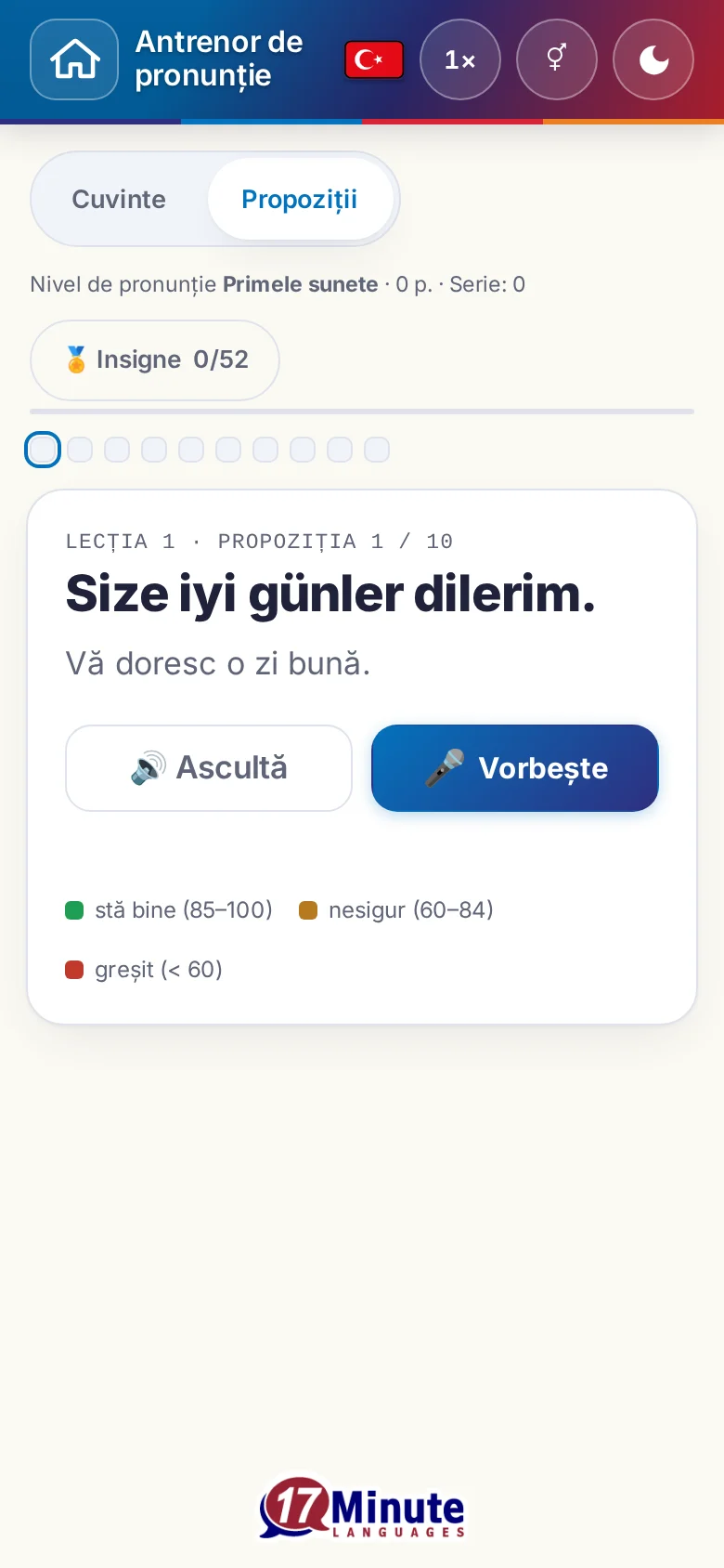Telefon: un exercițiu de pronunție pornit, cu propoziția-țintă și legenda evaluării.