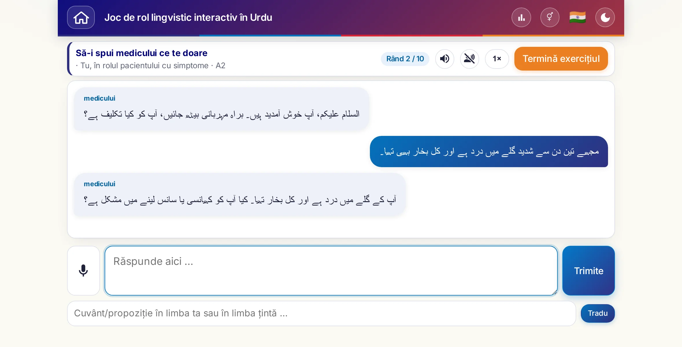 Un joc de rol în plină conversație: medicul întreabă despre intensitatea durerii, despre febră și despre cum a decurs ziua, cursantul răspunde liber și cere la final o rețetă.