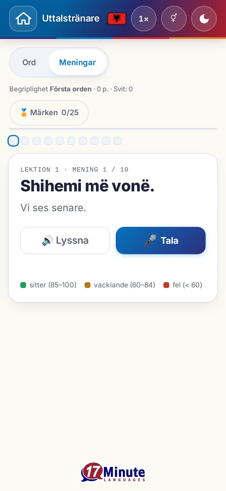 Mobil: en påbörjad uttalsövning med målmening och färgförklaring.