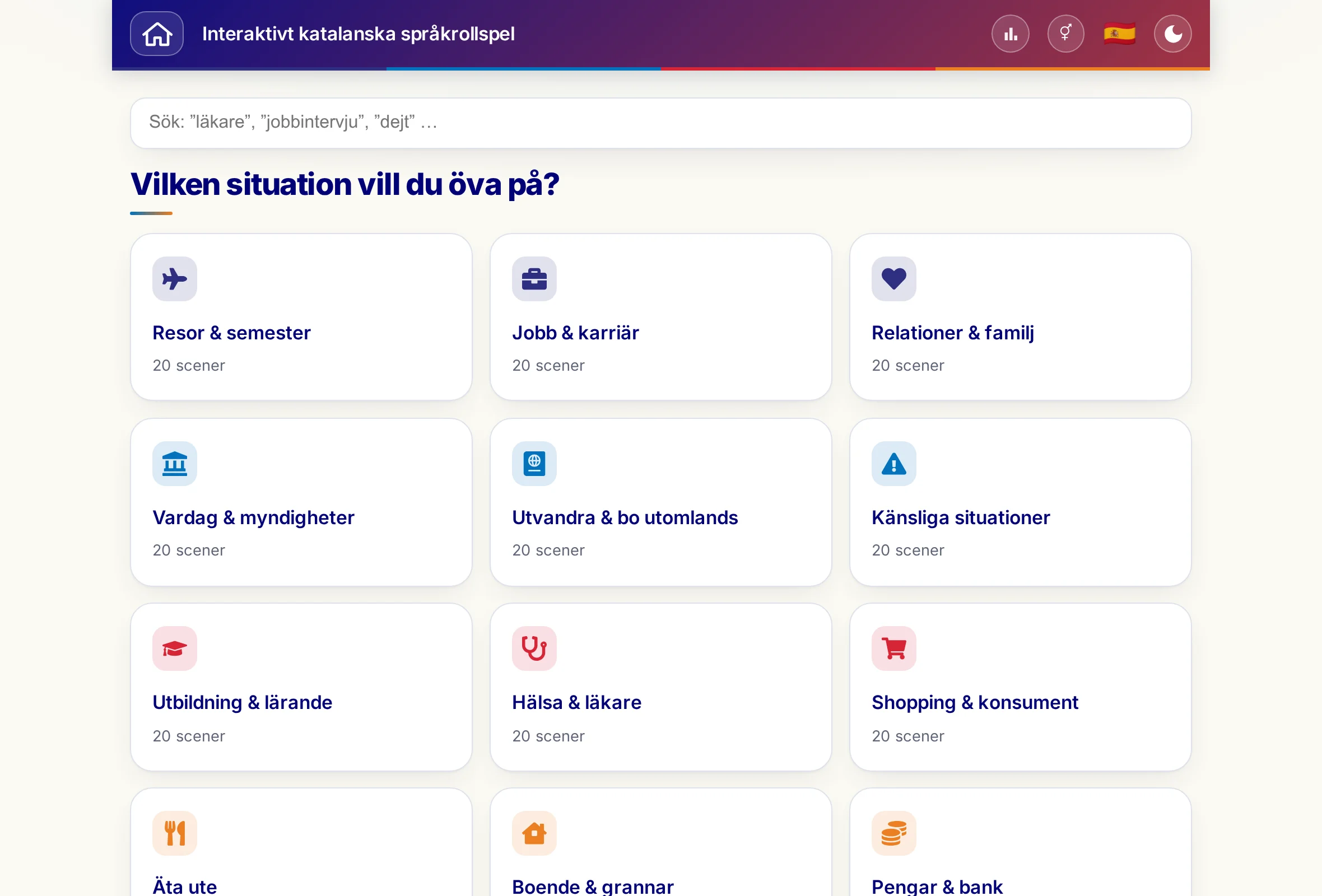 Språkrollspelen med sökfält och de 15 situationerna.