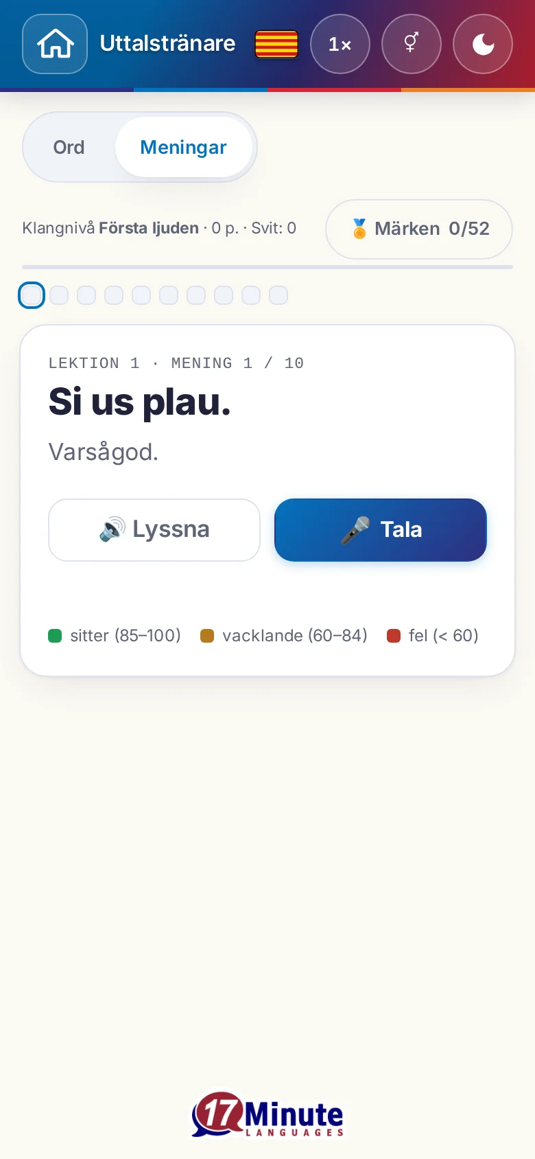 Mobil: en påbörjad uttalsövning med målmening och färgförklaring.