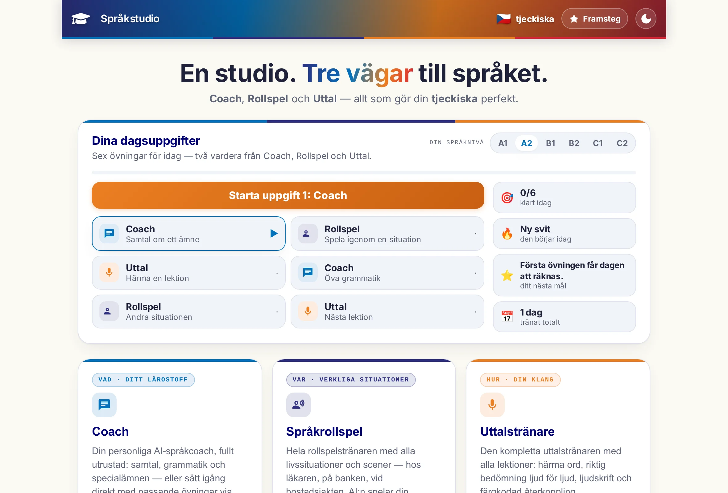 Språkstudions startsida: de tre programmen som rutor och ovanför dem dagsuppgiftens sex övningar.