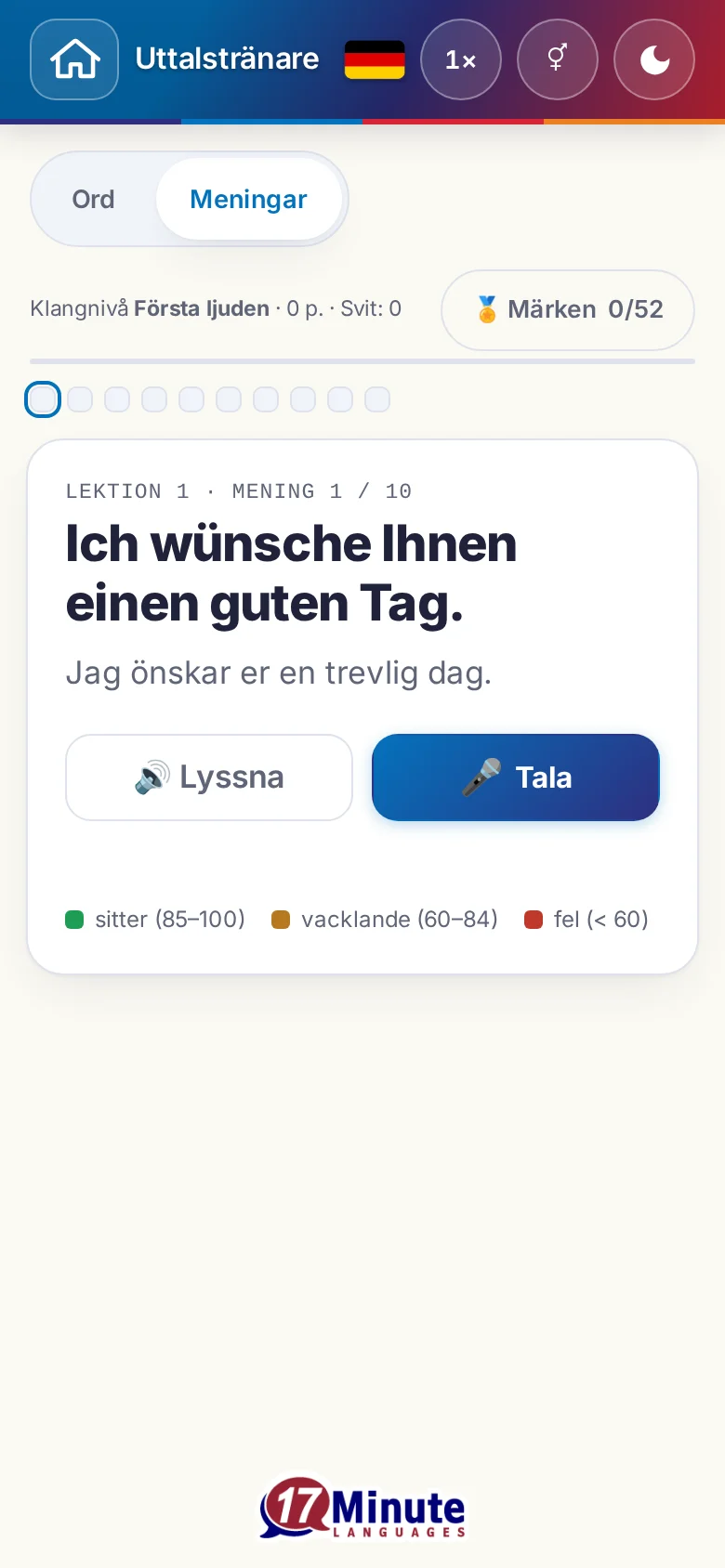 Mobil: en påbörjad uttalsövning med målmening och färgförklaring.