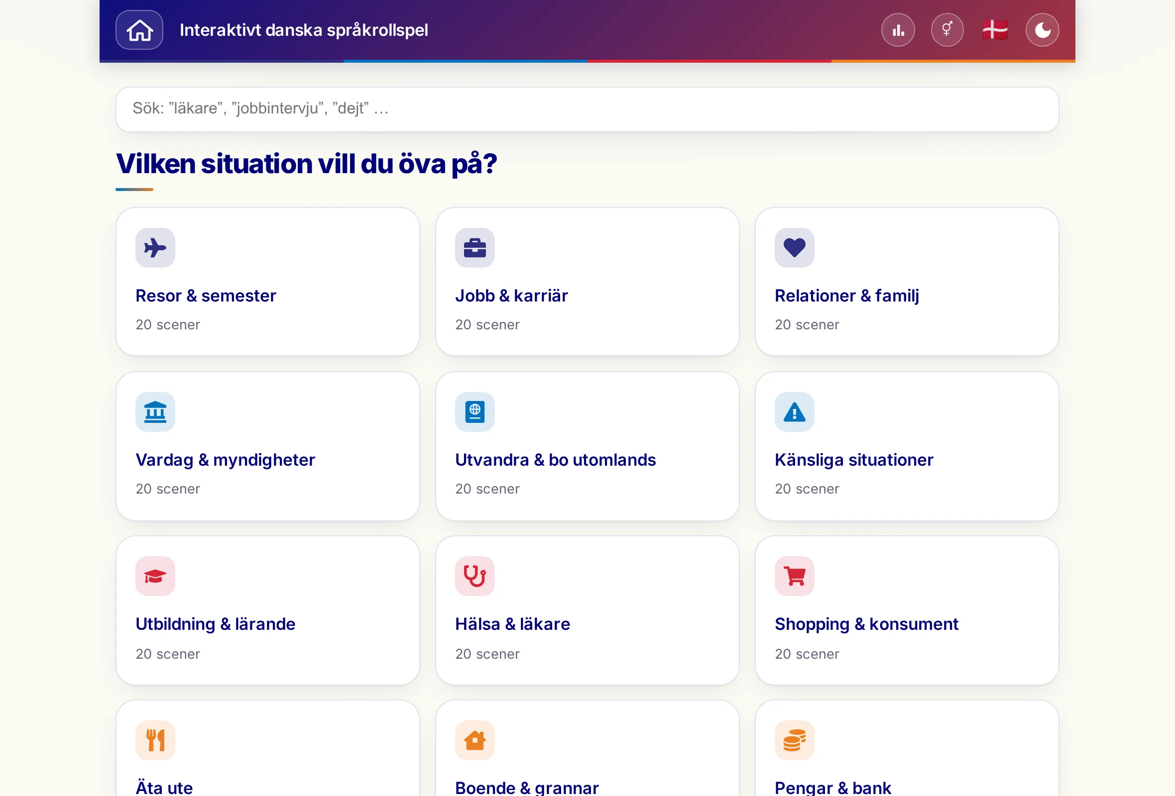 Språkrollspelen med sökfält och de 15 situationerna.