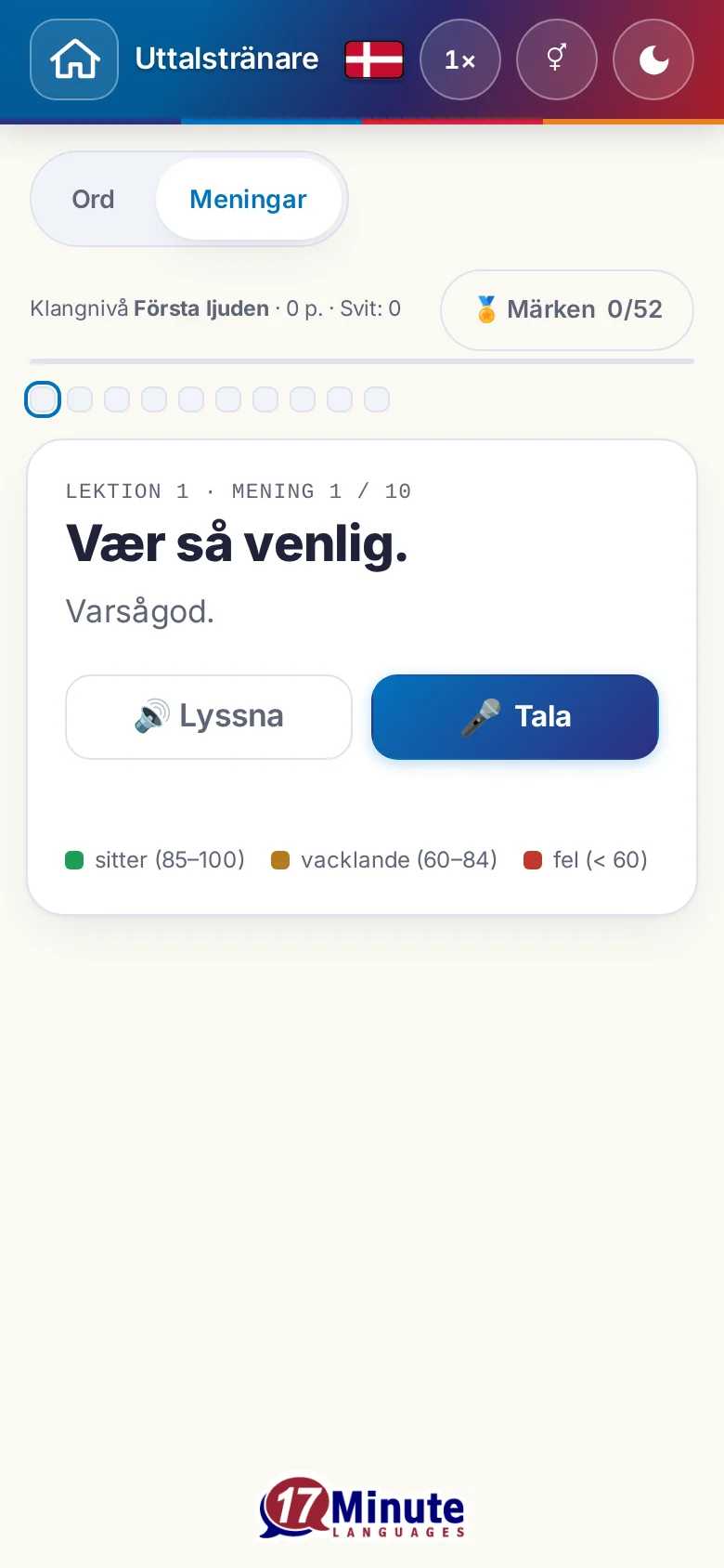 Mobil: en påbörjad uttalsövning med målmening och färgförklaring.