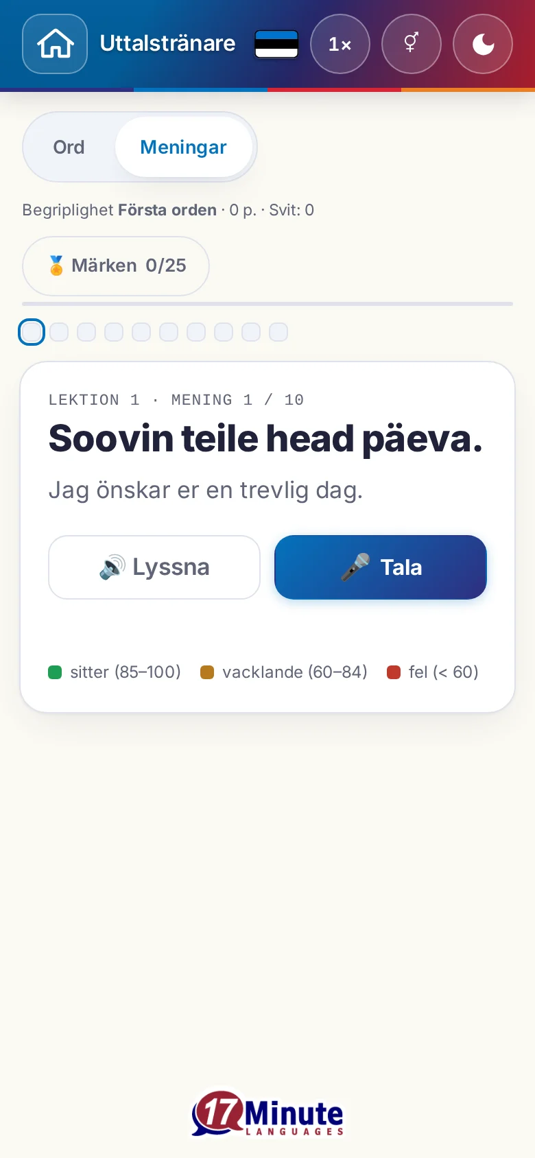 Mobil: en påbörjad uttalsövning med målmening och färgförklaring.