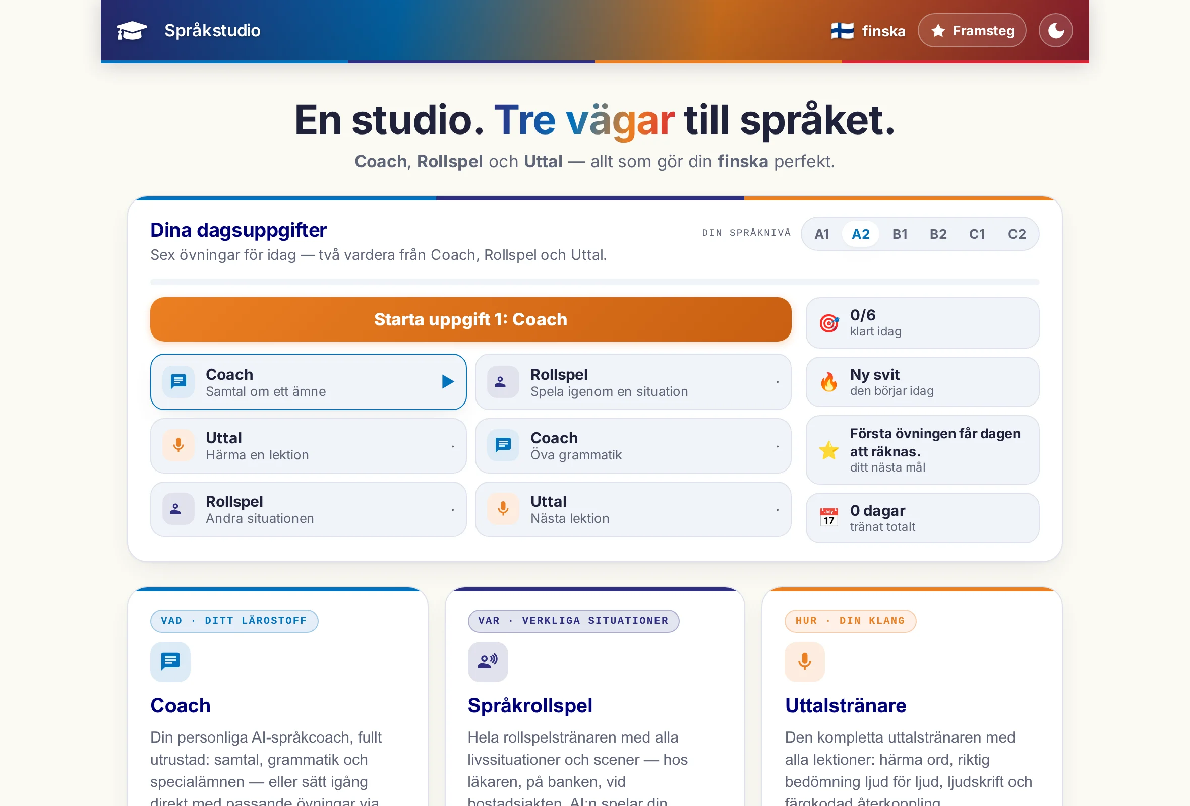 Språkstudions startsida: de tre programmen som rutor och ovanför dem dagsuppgiftens sex övningar.