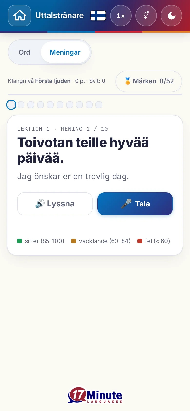 Mobil: en påbörjad uttalsövning med målmening och färgförklaring.