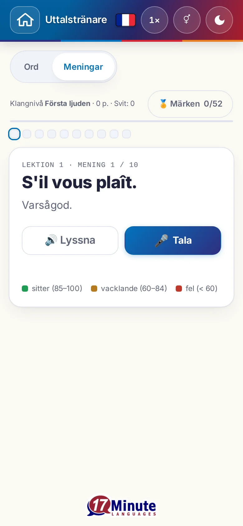 Mobil: en påbörjad uttalsövning med målmening och färgförklaring.