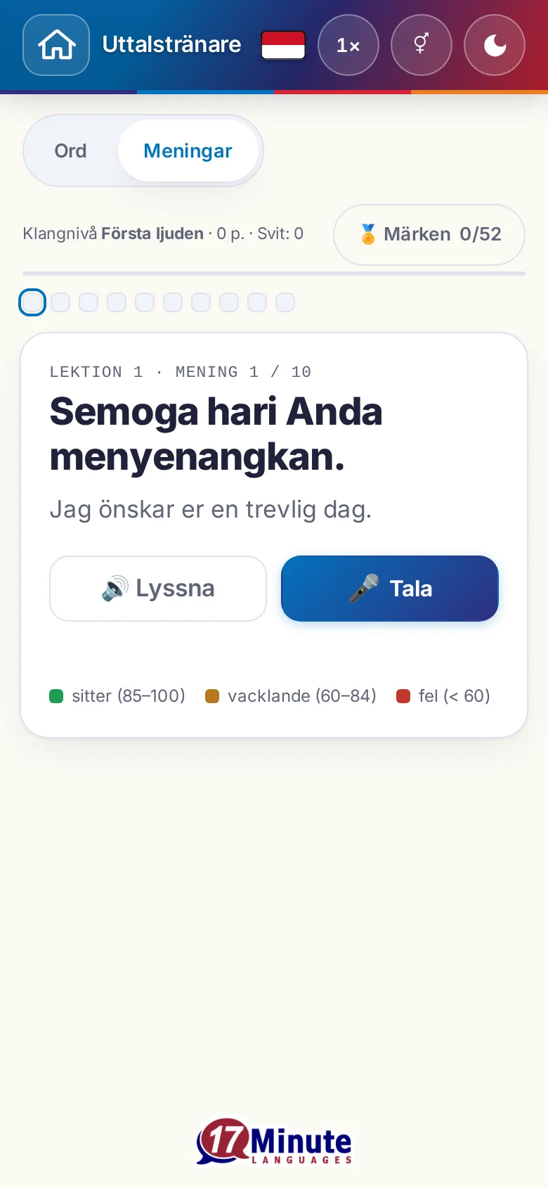 Mobil: en påbörjad uttalsövning med målmening och färgförklaring.