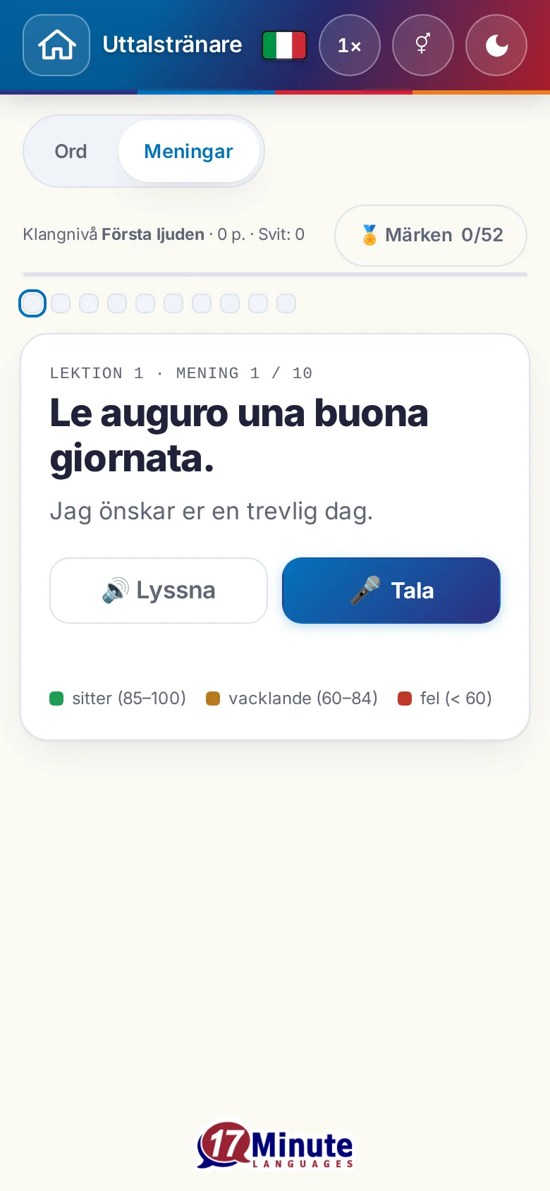 Mobil: en påbörjad uttalsövning med målmening och färgförklaring.