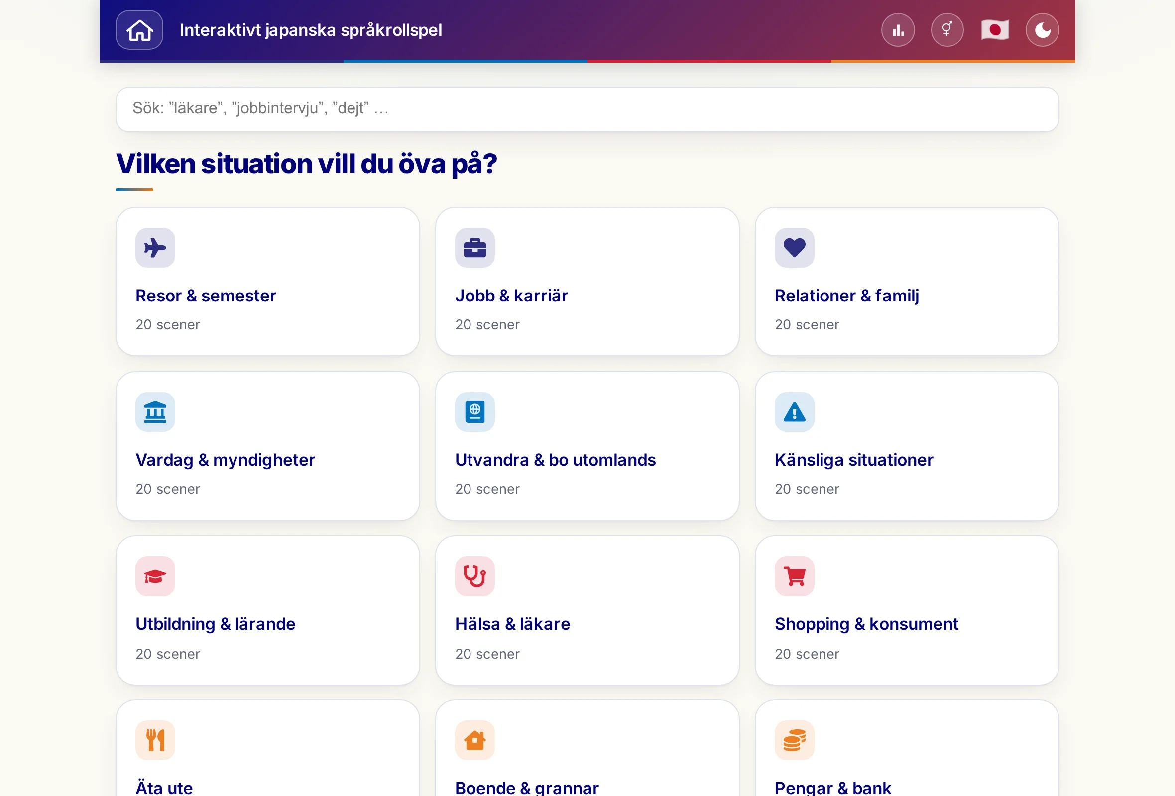 Språkrollspelen med sökfält och de 15 situationerna.