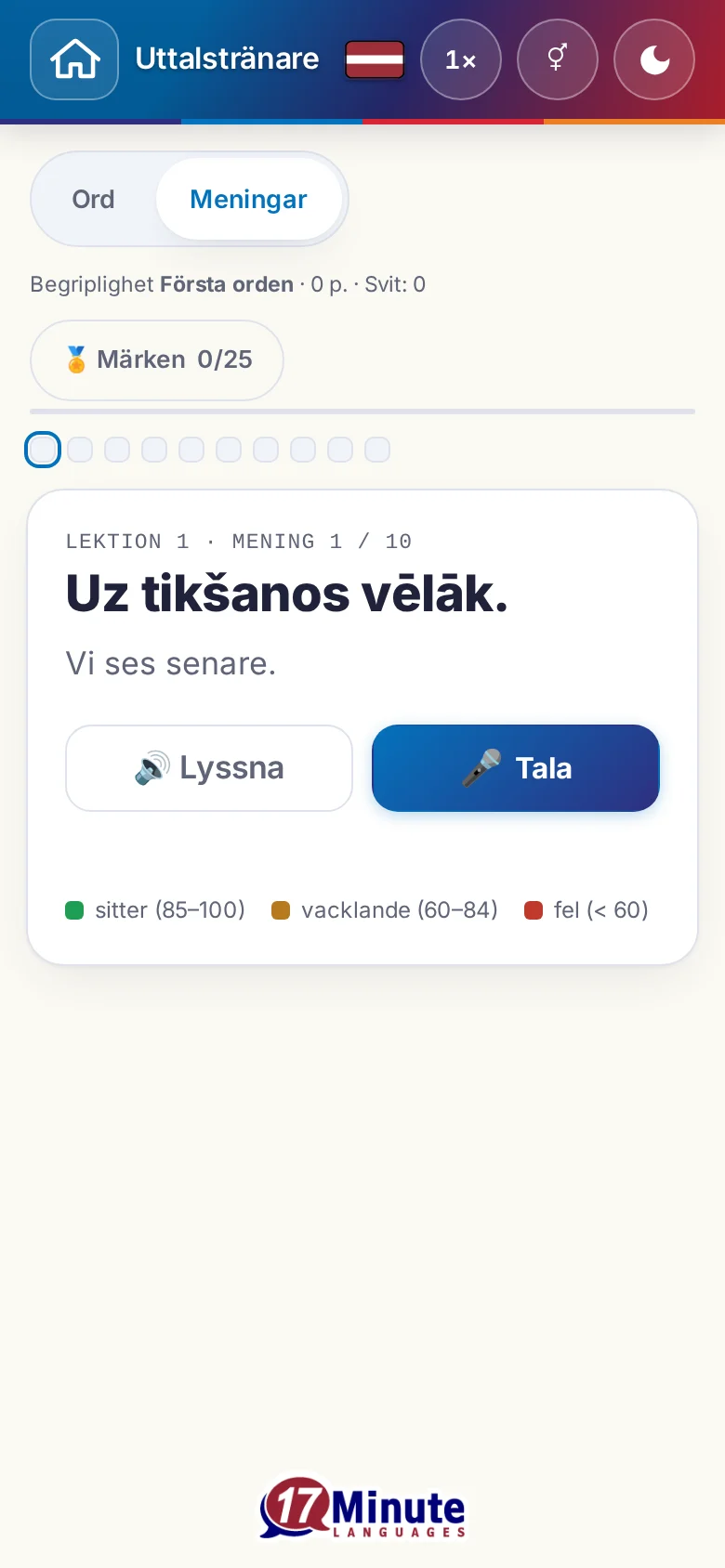 Mobil: en påbörjad uttalsövning med målmening och färgförklaring.