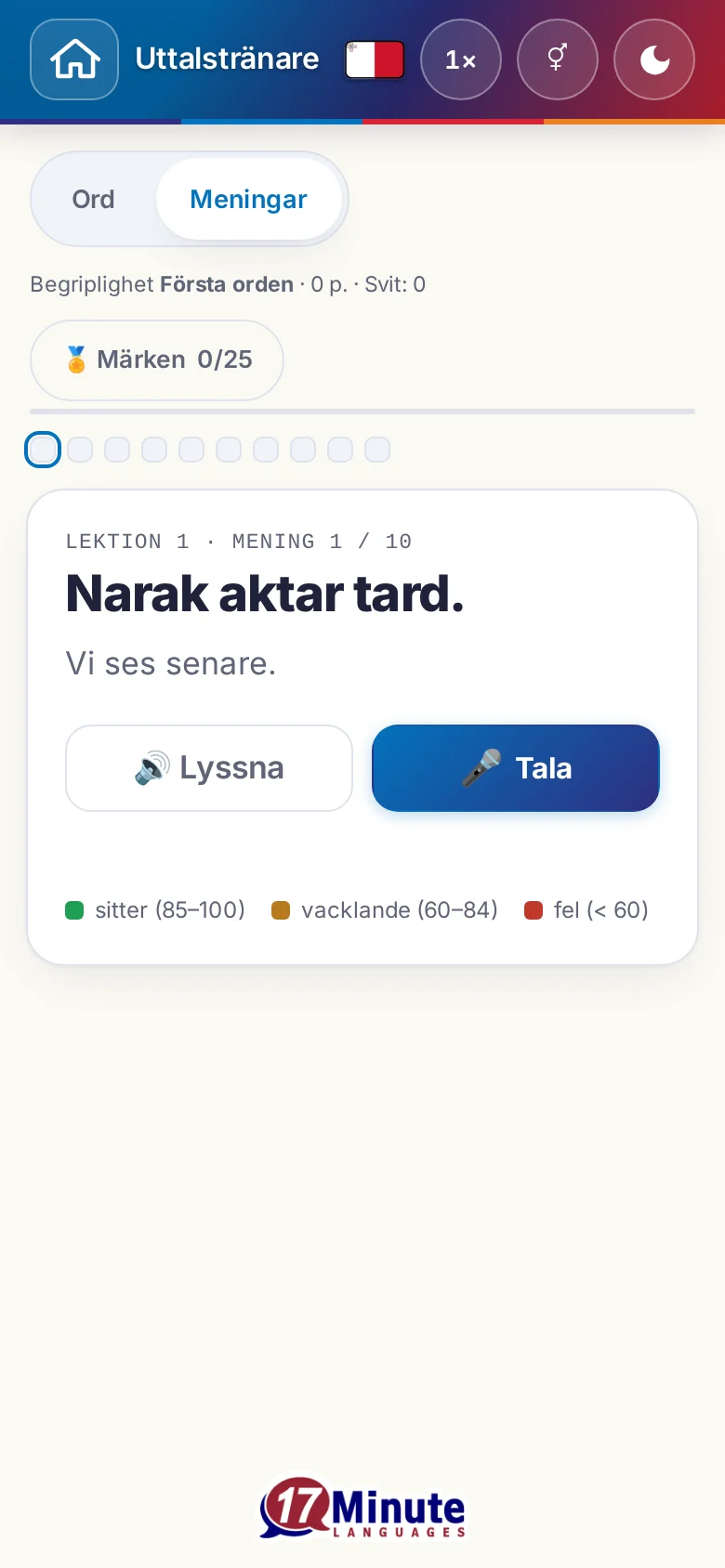 Mobil: en påbörjad uttalsövning med målmening och färgförklaring.