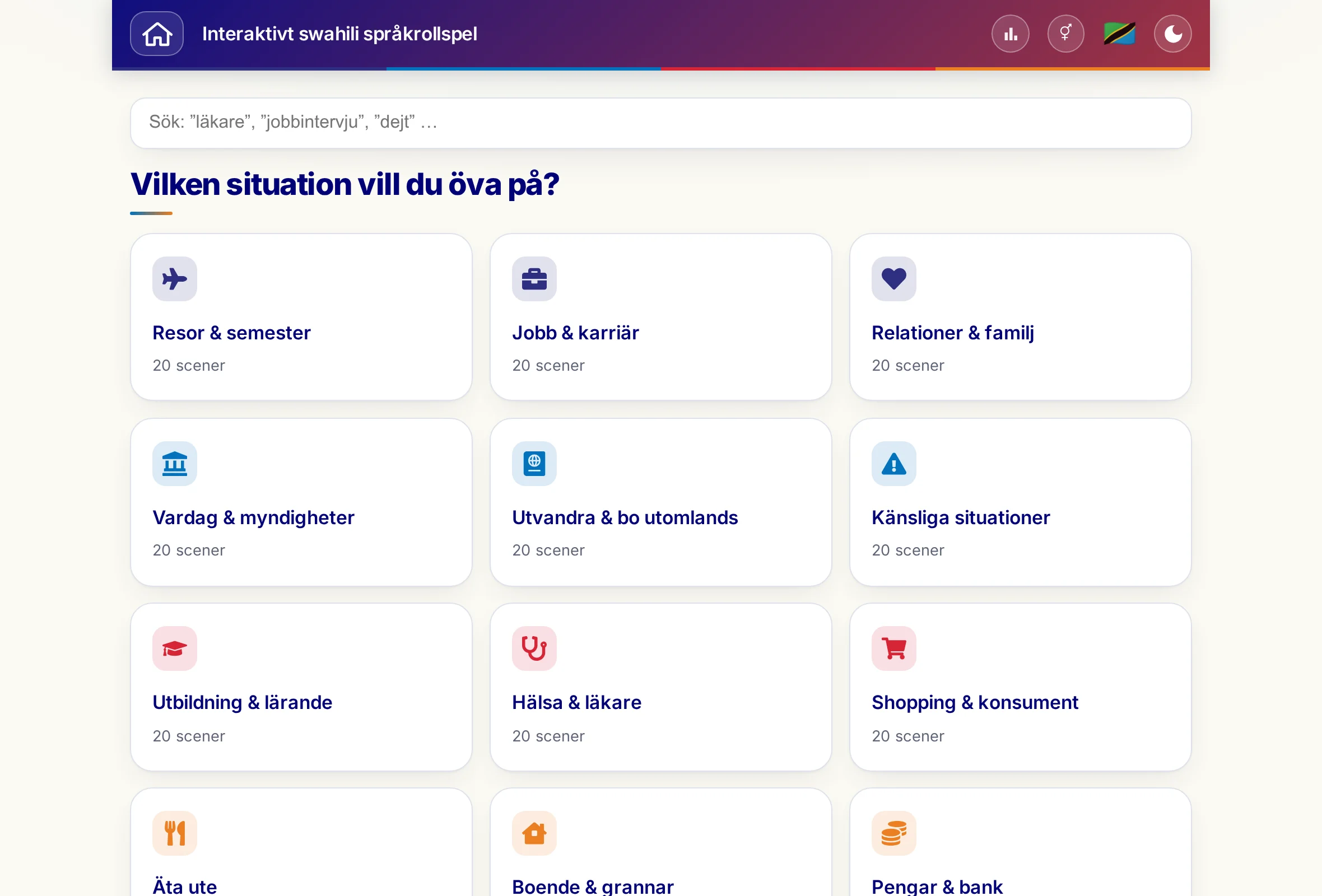 Språkrollspelen med sökfält och de 15 situationerna.