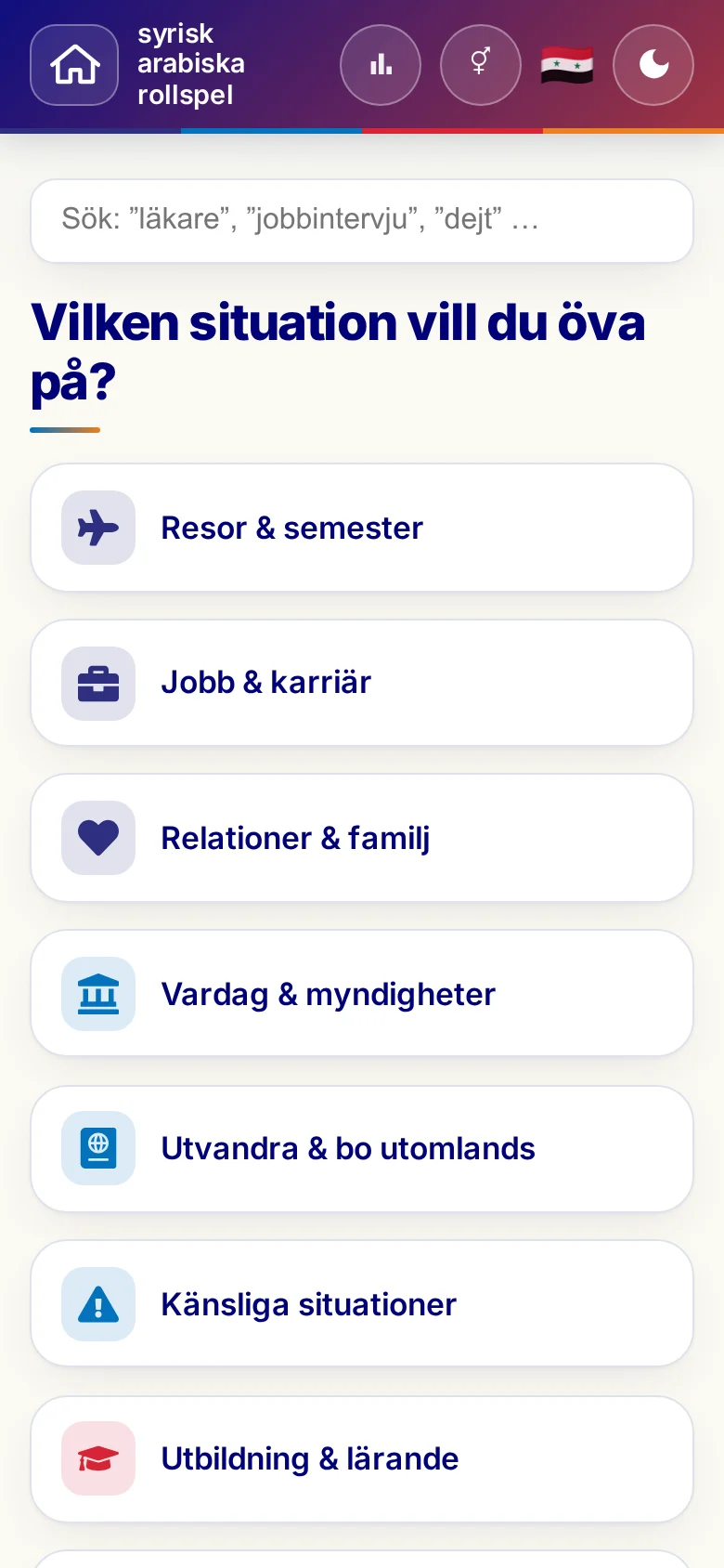 Mobilskärmbild: temavärldarna i rollspelen på , sedda i smartphonen