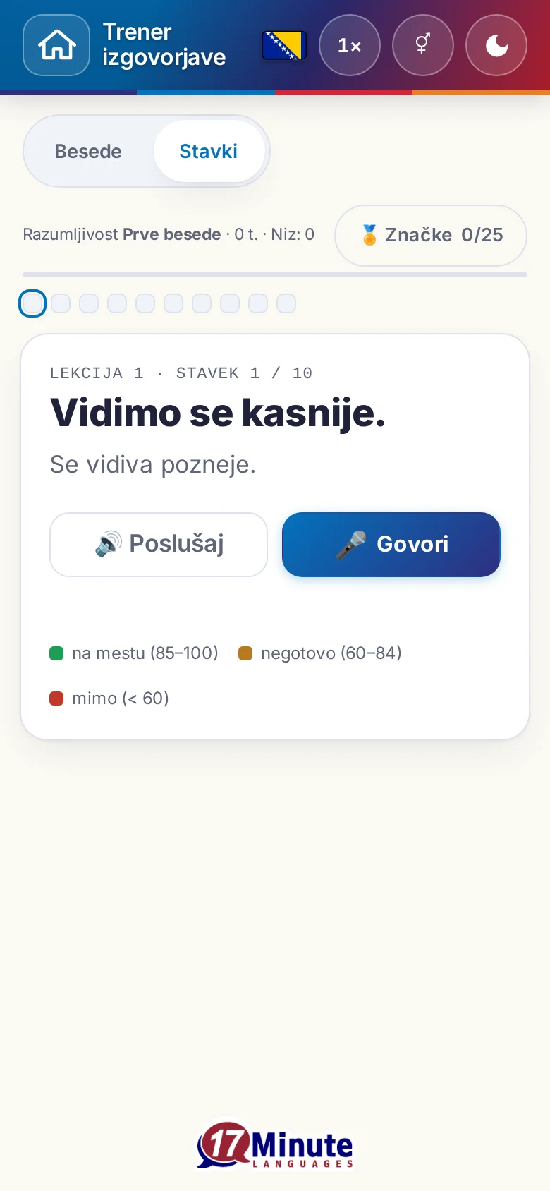 Telefon: začeta vaja izgovorjave s ciljnim stavkom in legendo ocene.
