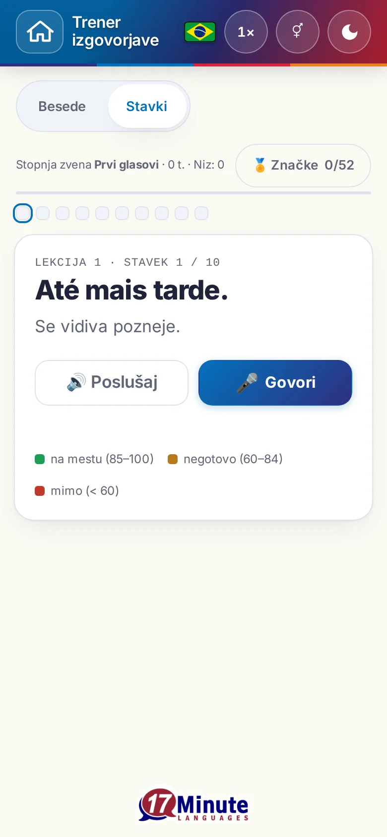 Telefon: začeta vaja izgovorjave s ciljnim stavkom in legendo ocene.