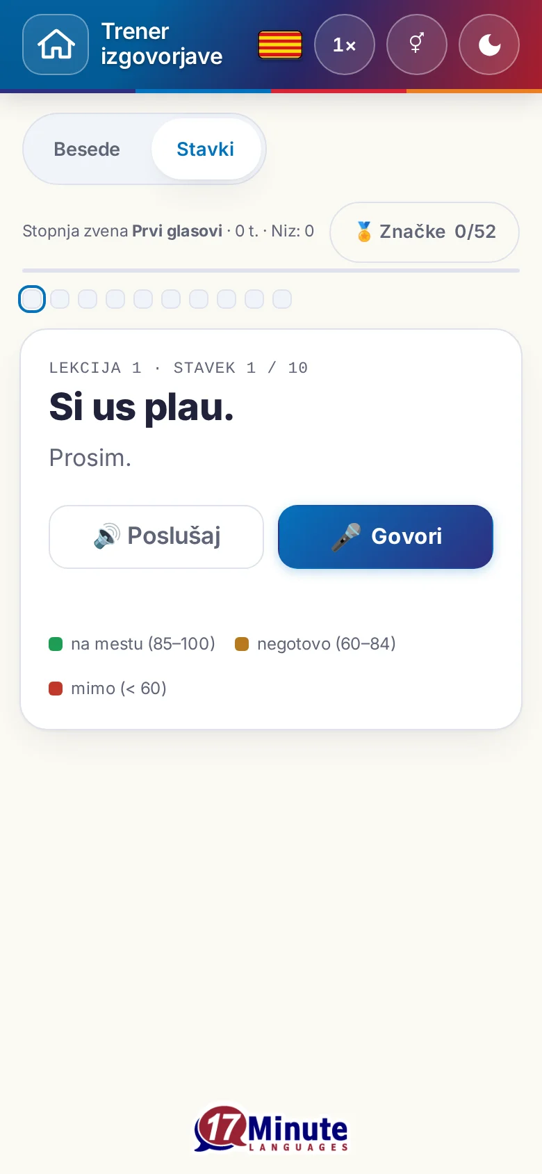 Telefon: začeta vaja izgovorjave s ciljnim stavkom in legendo ocene.