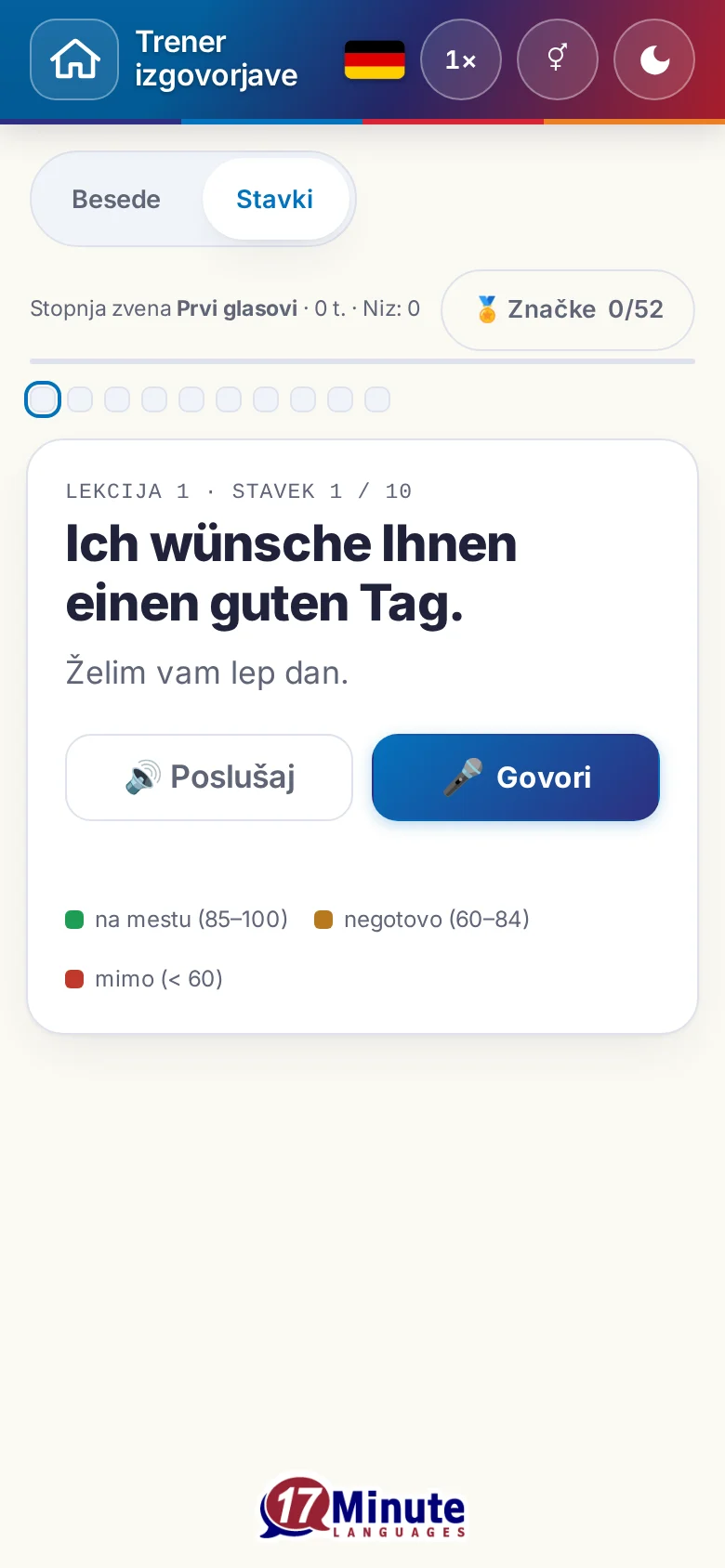 Telefon: začeta vaja izgovorjave s ciljnim stavkom in legendo ocene.