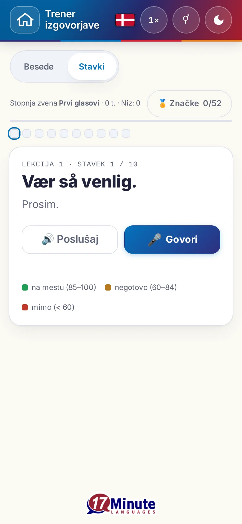 Telefon: začeta vaja izgovorjave s ciljnim stavkom in legendo ocene.