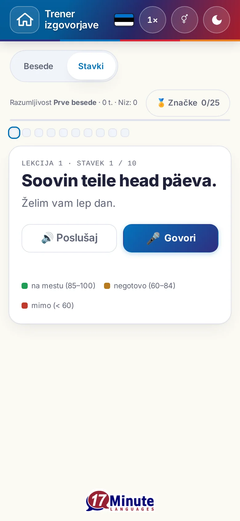 Telefon: začeta vaja izgovorjave s ciljnim stavkom in legendo ocene.