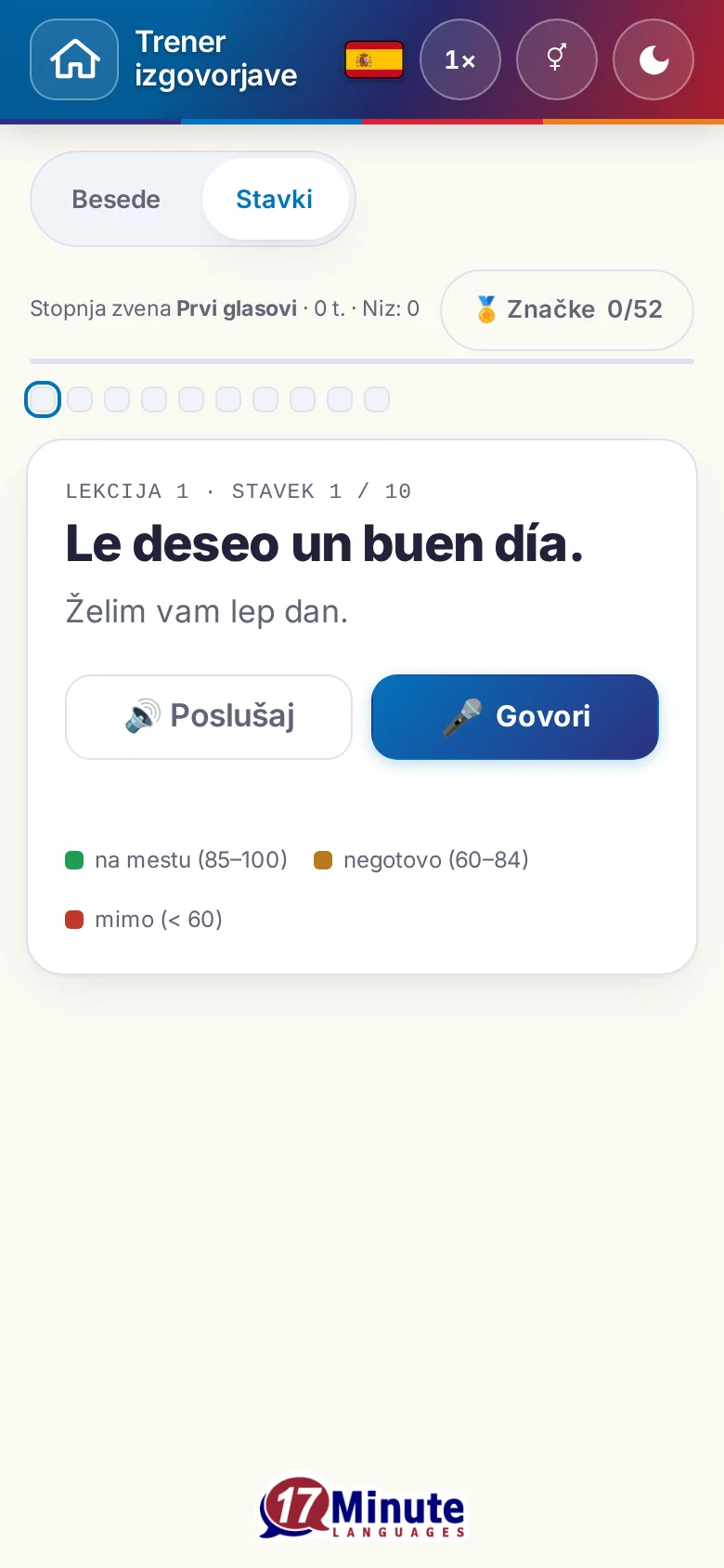 Telefon: začeta vaja izgovorjave s ciljnim stavkom in legendo ocene.