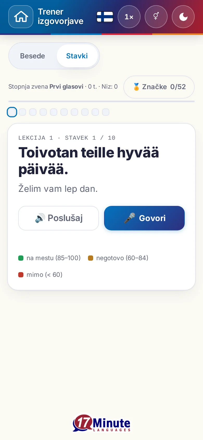 Telefon: začeta vaja izgovorjave s ciljnim stavkom in legendo ocene.