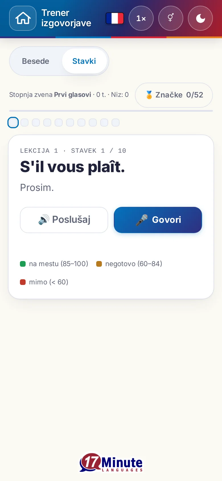Telefon: začeta vaja izgovorjave s ciljnim stavkom in legendo ocene.