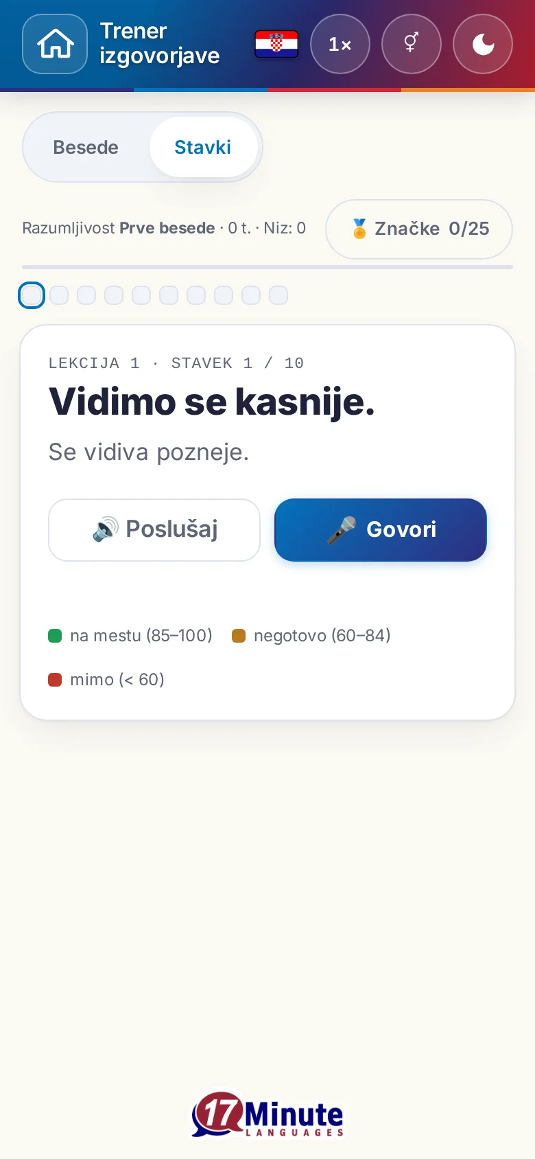 Telefon: začeta vaja izgovorjave s ciljnim stavkom in legendo ocene.