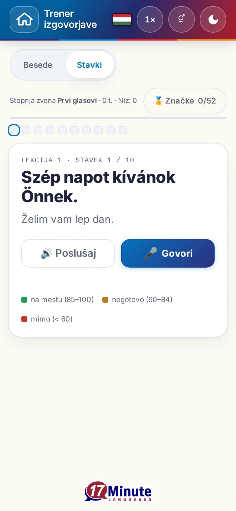 Telefon: začeta vaja izgovorjave s ciljnim stavkom in legendo ocene.
