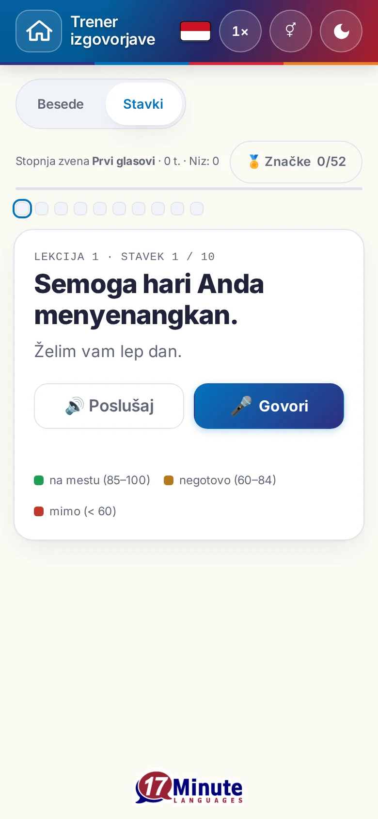 Telefon: začeta vaja izgovorjave s ciljnim stavkom in legendo ocene.