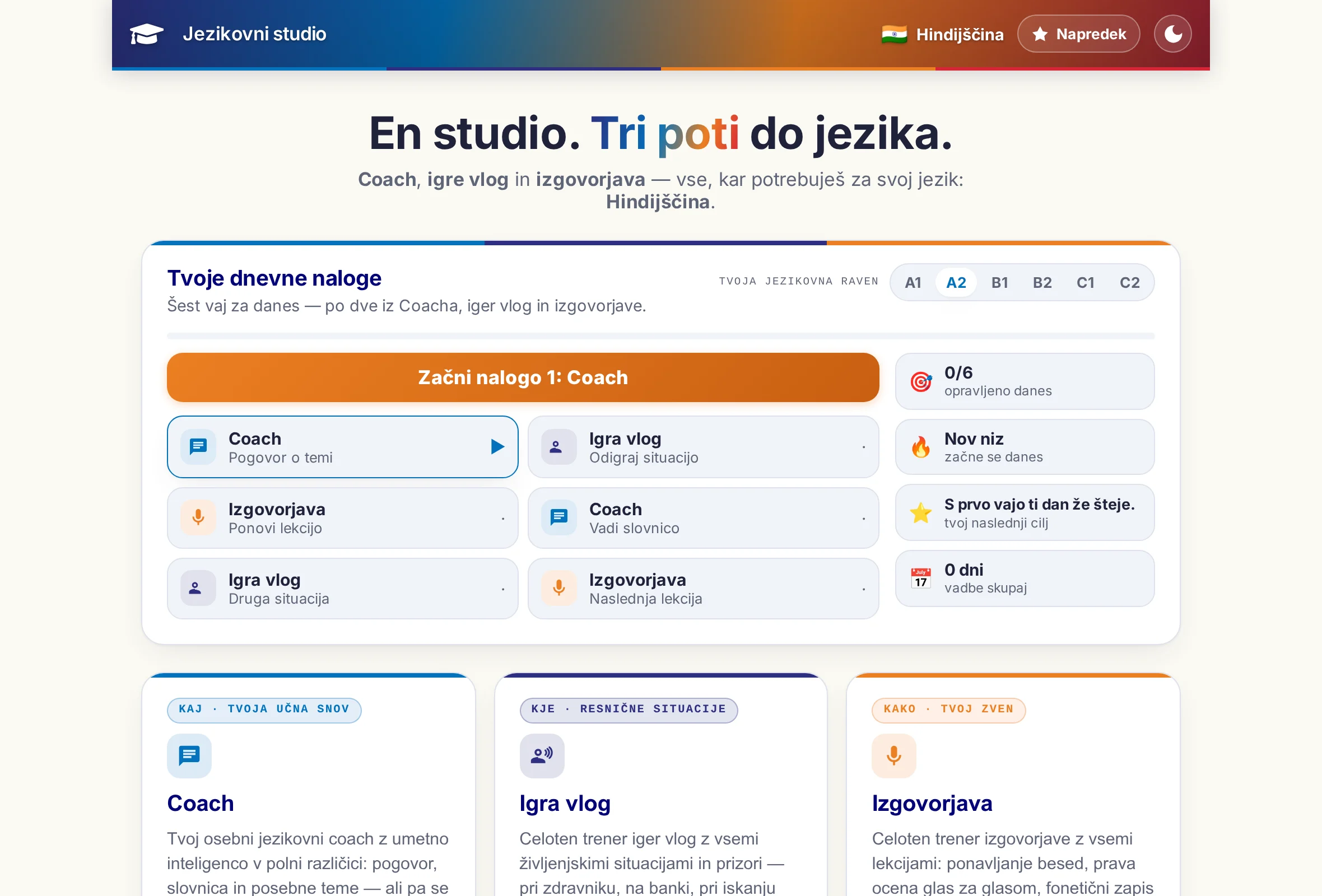 Začetna stran Jezikovnega studia: trije programi kot ploščice in nad njimi šest vaj dnevne naloge.