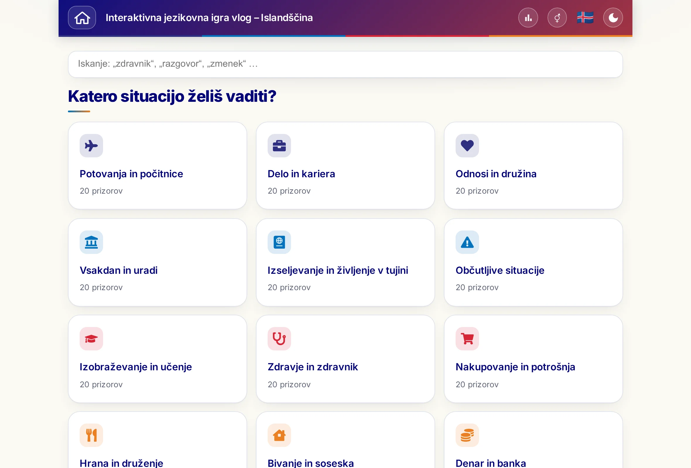 Igre vlog z iskalnim poljem in 15 tematskimi sklopi.