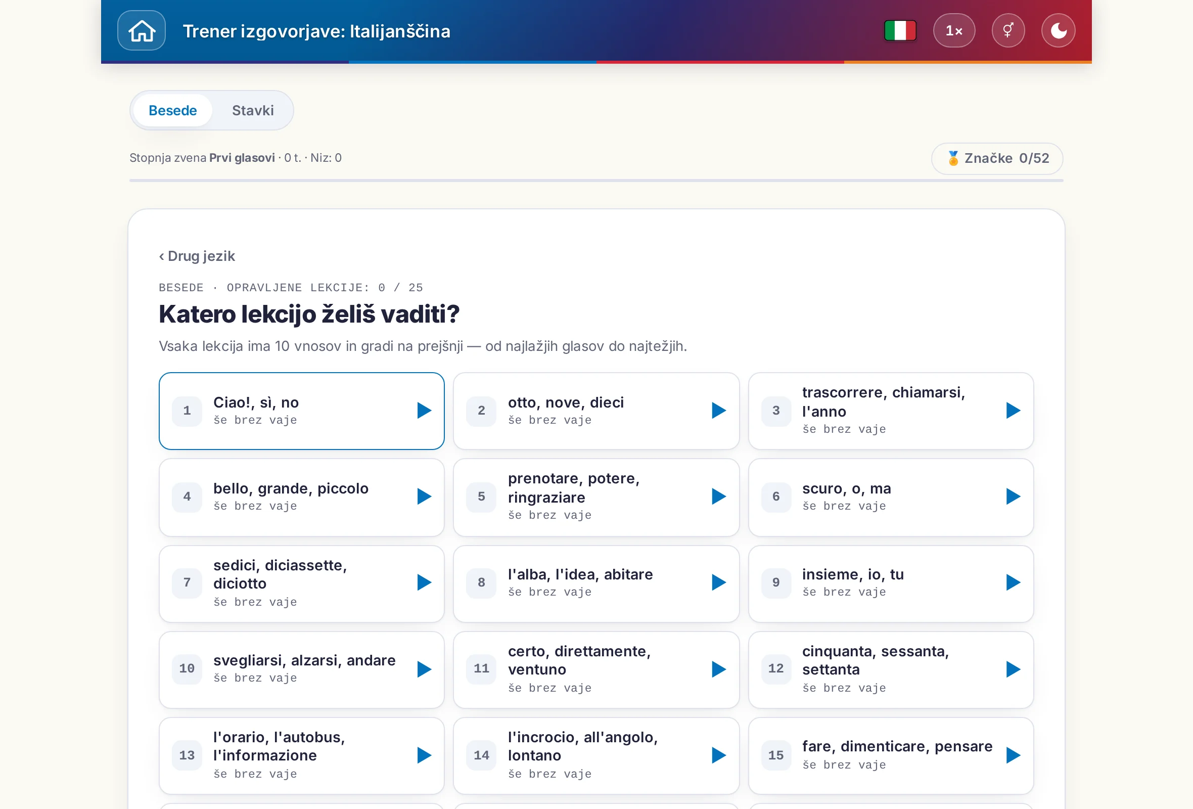 Trener izgovorjave s preklopom med besedami in stavki, s točkami in značkami.