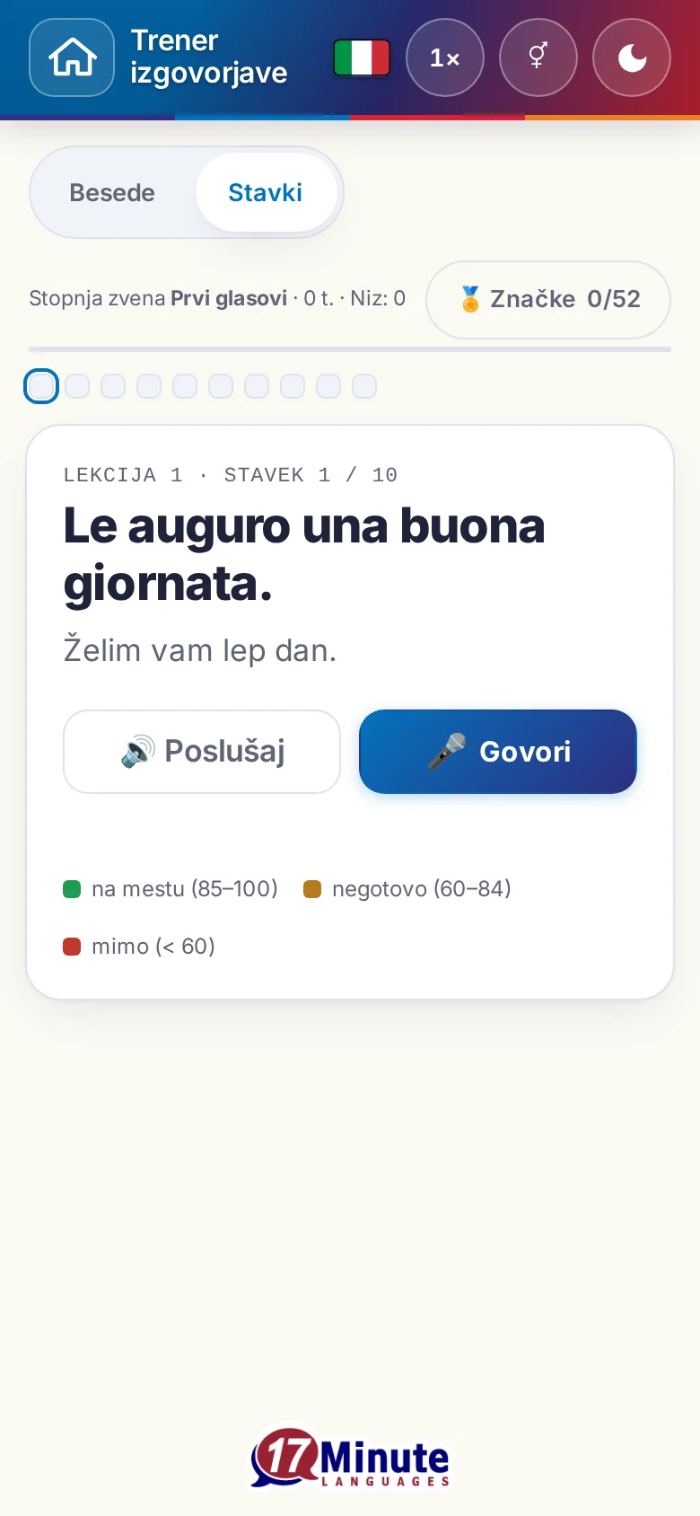 Telefon: začeta vaja izgovorjave s ciljnim stavkom in legendo ocene.