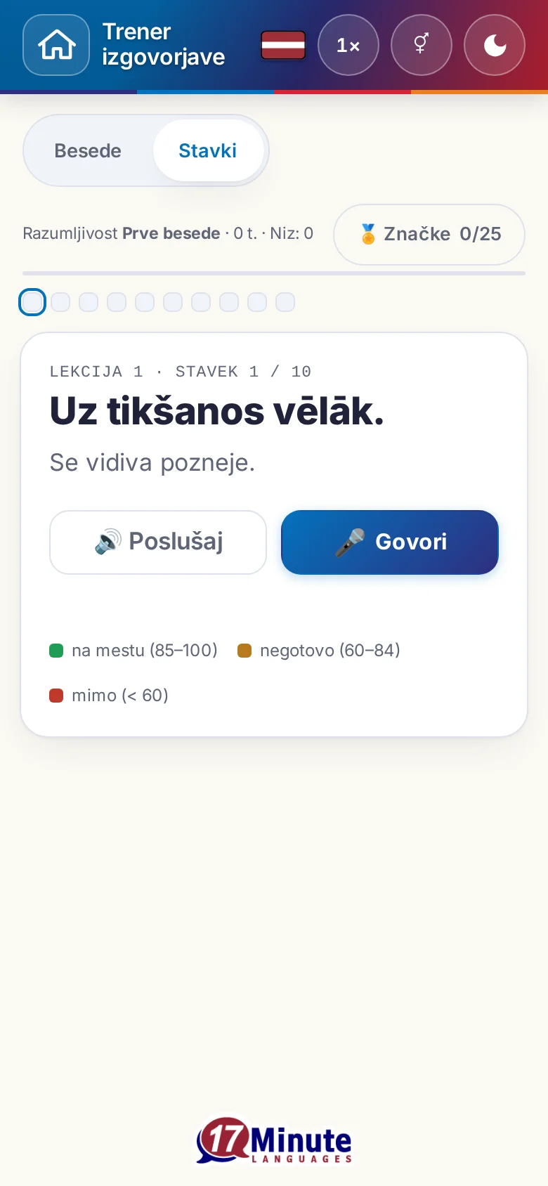 Telefon: začeta vaja izgovorjave s ciljnim stavkom in legendo ocene.