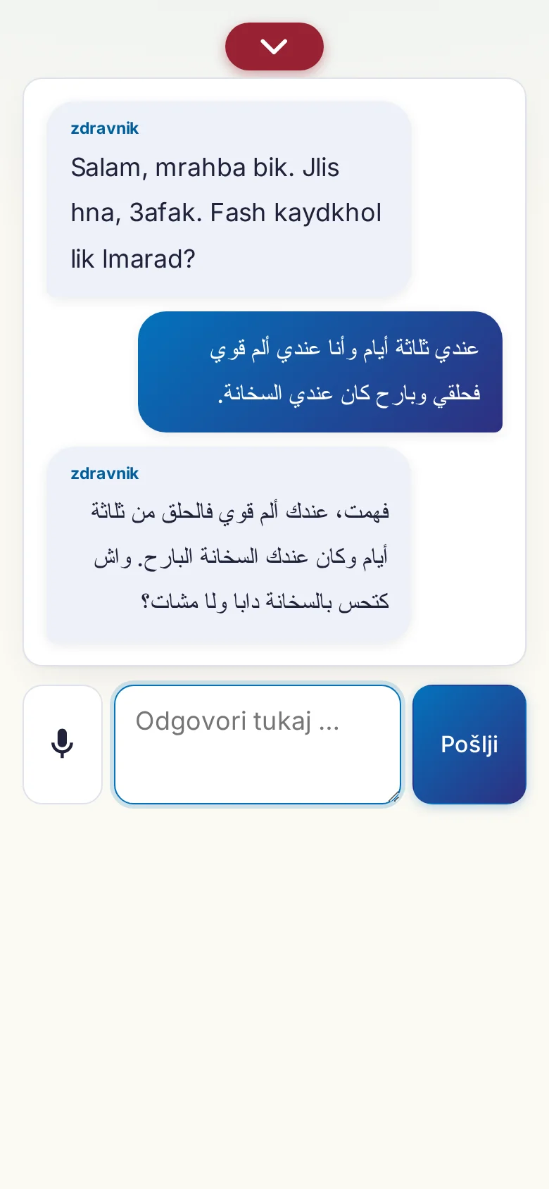 Telefon: tekoč pogovor z vnosom prek mikrofona.